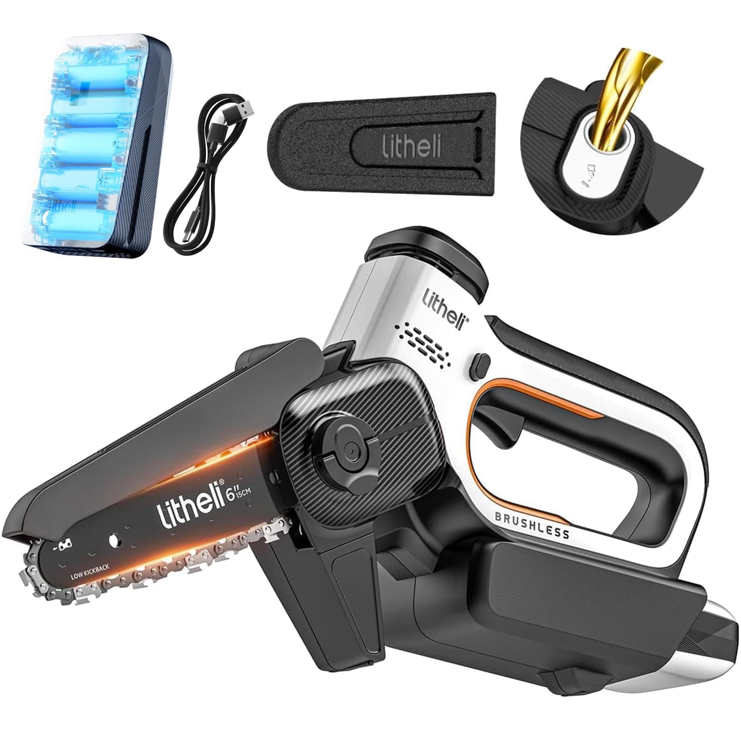 Litheli Mini Chainsaw Cordless 6 Inch, Brushless Electric Power Chain Saw with 10000mAh Battery, Auto Oiler, Safety Lock, Small Chainsaw for Wood Cutting, Tree Trimming, Gift for Men Dad Husband