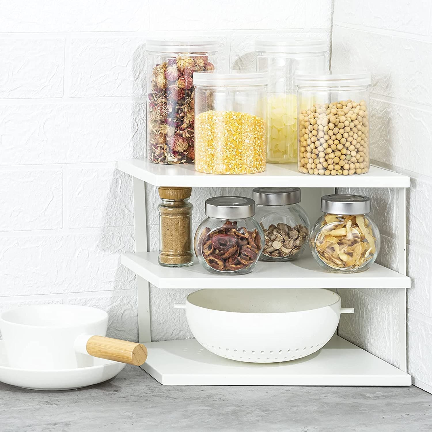 VORDERNWhite Metal Counter-top Kitchen Corner Organizer Shelf, Spice Rack, Bathroom Counter-top Triangle Shelves, Corner Shelf