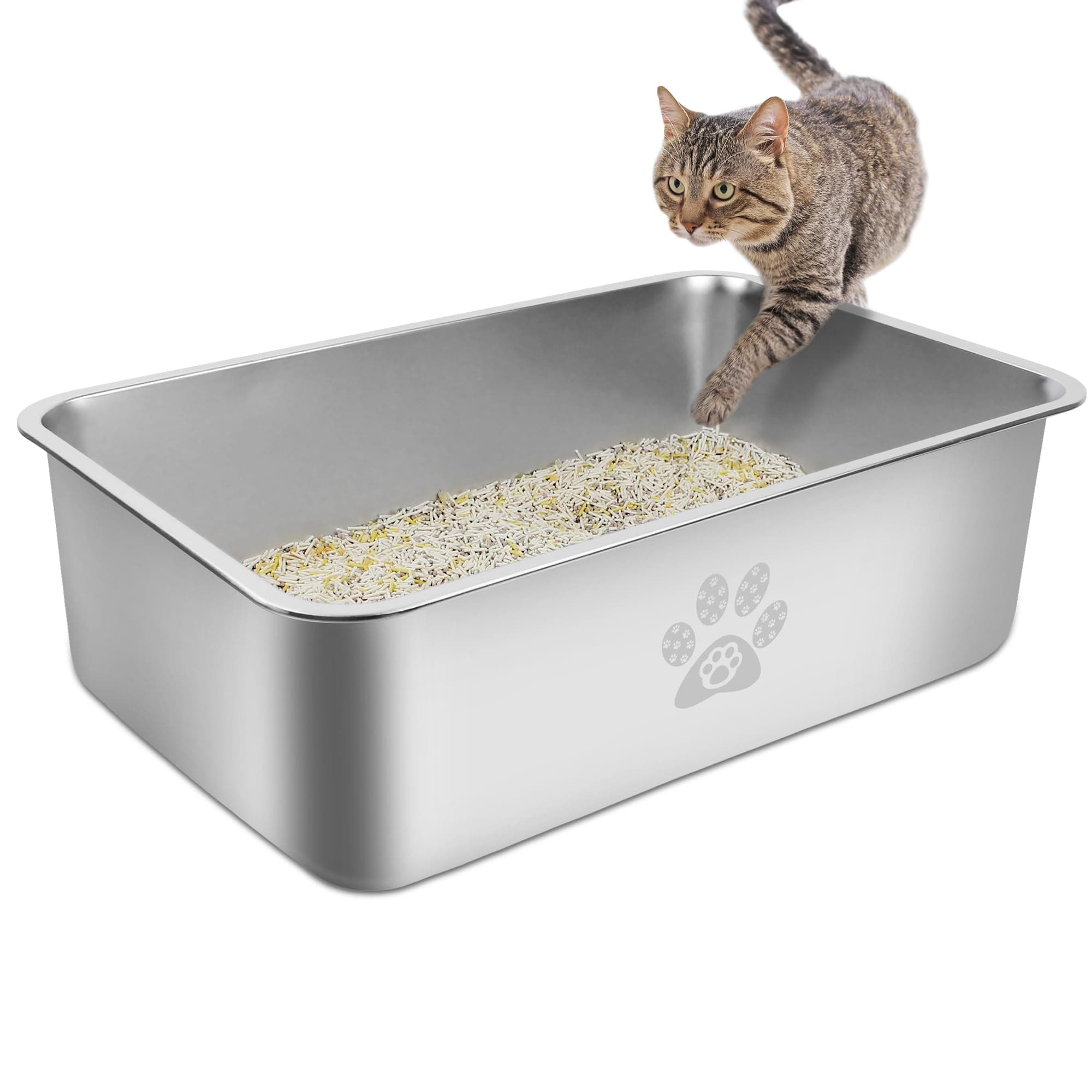 Stainless Steel Cat Litter Box High Side Cats Toilet Metal Kitten Litter Pan, Pet Cleaning Tool for Big and Small Cats, Rabbits, Splash-Proof and Non-Stick Cat Poop Box odorless 17.7"x13.8"x5.9"