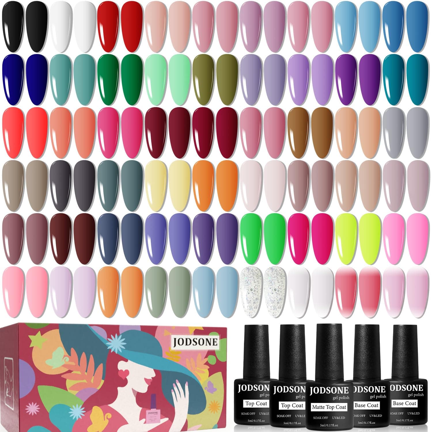JODSONE Gel Nail Polish kit 60 PCS with 5 Bottles of Base and Glossy Matte Top Coat Soak off Gel Nail Set Suitable for All Seasons Gel Polish Gifts, Pack Of 1