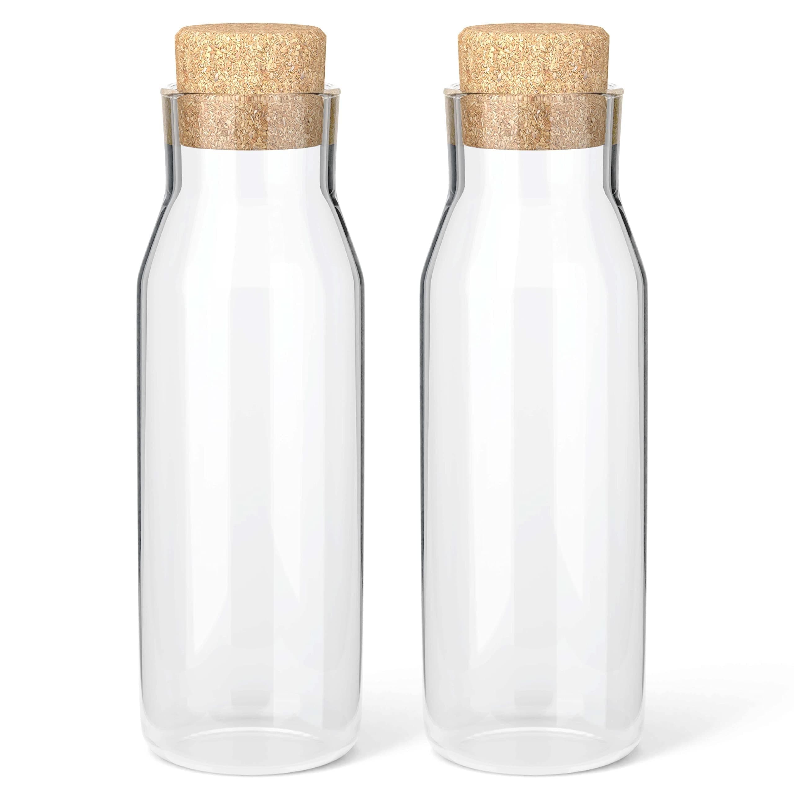 Set of 2 Glass Carafe, 1 Litre, Clear Glass Bottle for Hot and Cold Drinks, Water Carafe Glasses with Cork Lid, Refillable Fabric Softener Cans with Stopper, Pack of 2