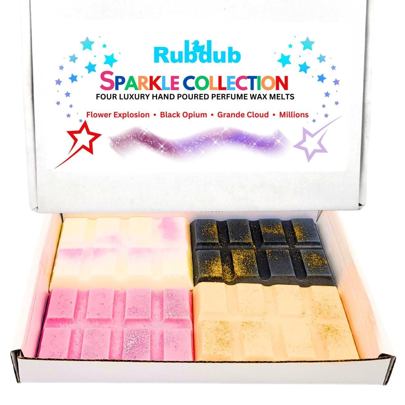 4 X 30G Soy Wax Melt Snap Bars (Black Opium/Flower Explosion/Grande Cloud/Millions) - 100 Hours + Burn Time - Highly Scented - Wax melts gift set, Wax melts strong scented (Sparkle Collection)