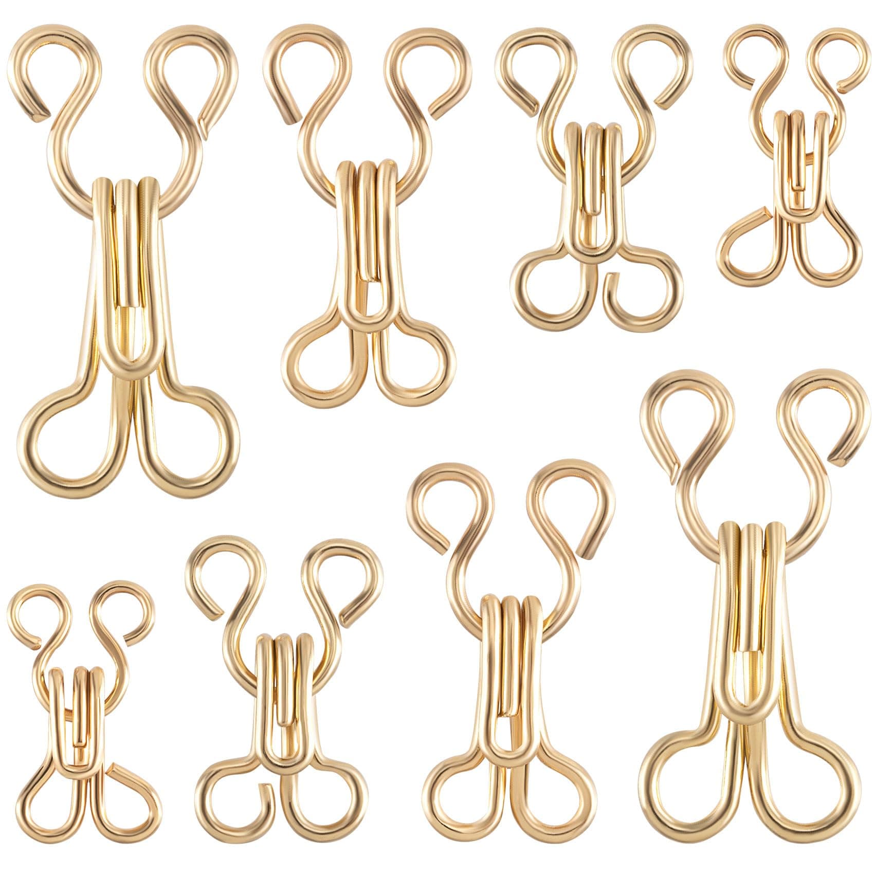 CustomyLife 80 Pairs Sewing Hooks and Eyes Closure 9/12/14/16mm Gold Alloy Sew on Snaps for Bra Clothing Replacement Trousers Skirts