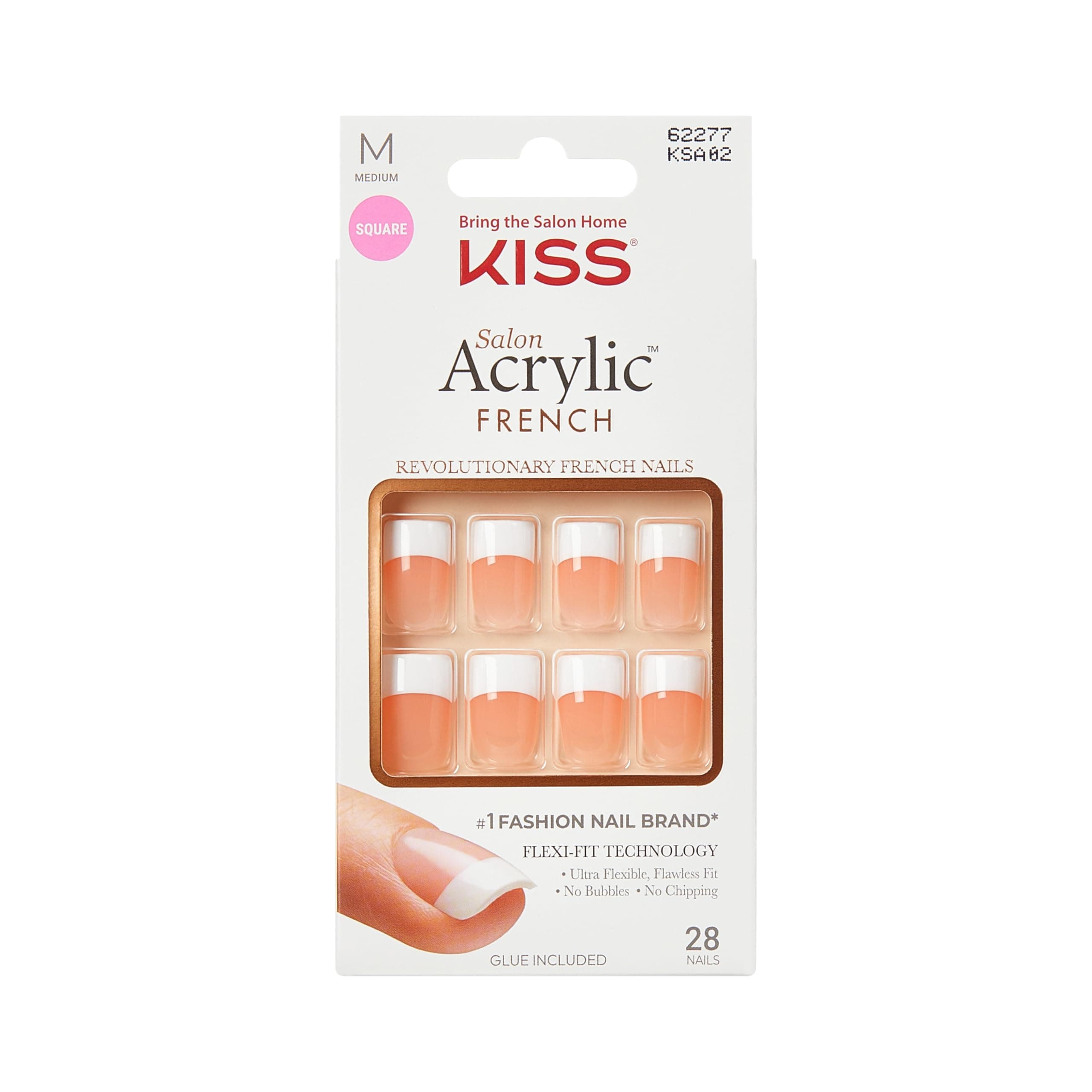 Salon Acrylic French Tip Press On Nails, Medium Size, Square Shape, Includes 28 Fake Nails, Pink Gel Nail Glue (2g), 1 Manicure Stick, 1 Mini File - Style 'Sugar Rush'