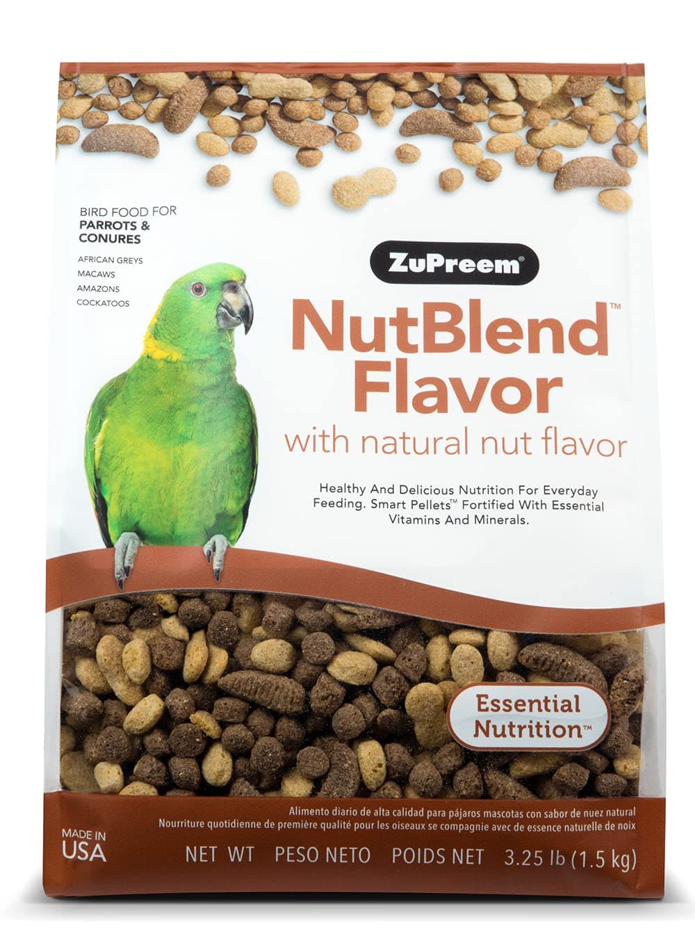ZuPreem NutBlend Bird Pellets, Daily Bird Food for Parrot, Conure, Caique, African Grey, Eclectus, Small Cockatoo, Core Nutrition for Medium Large Birds, Made in USA, Parrot Food (M/L, 3.25 lb)