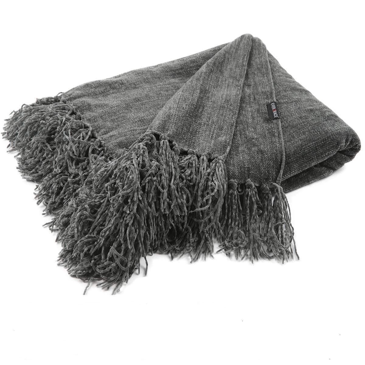 Fluffy Cozy Chenille Throw Blanket with Decorative Fringe 60 x 50 Luxury Tassel Throw Blanket for Couch Sofa Chair Bed Office Home Décor Grey