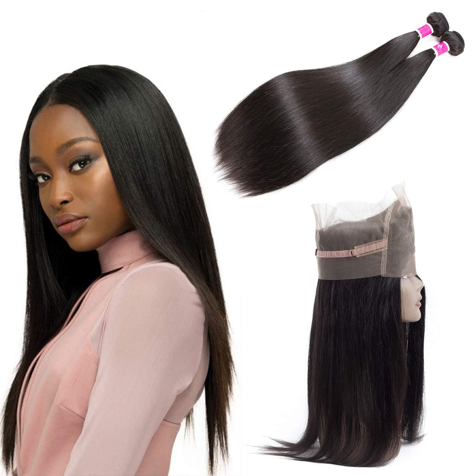 SKYDO 360 Lace Frontal With Bundles Straight Unprocessed Brazilian Straight Hair With Frontal 360 2 Bundles with 360 Frontal Human Hair Weave Bundles With Frontal 360 (14 16 + 12)