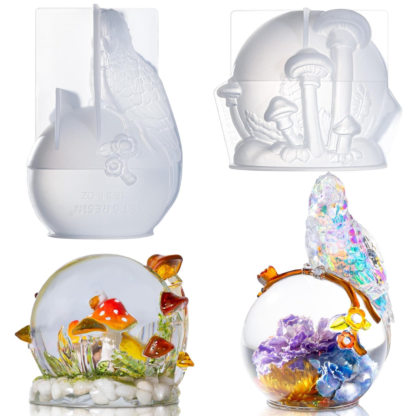 LET’S Resin Crystal Ball Resin Molds, Crystal Orb Decorative Statue Silicone Molds with Mushroom Stand and Bird Figurine,3D Sphere Epoxy Resin Molds for DIY Tabletop Decor, Housewarming Gifts