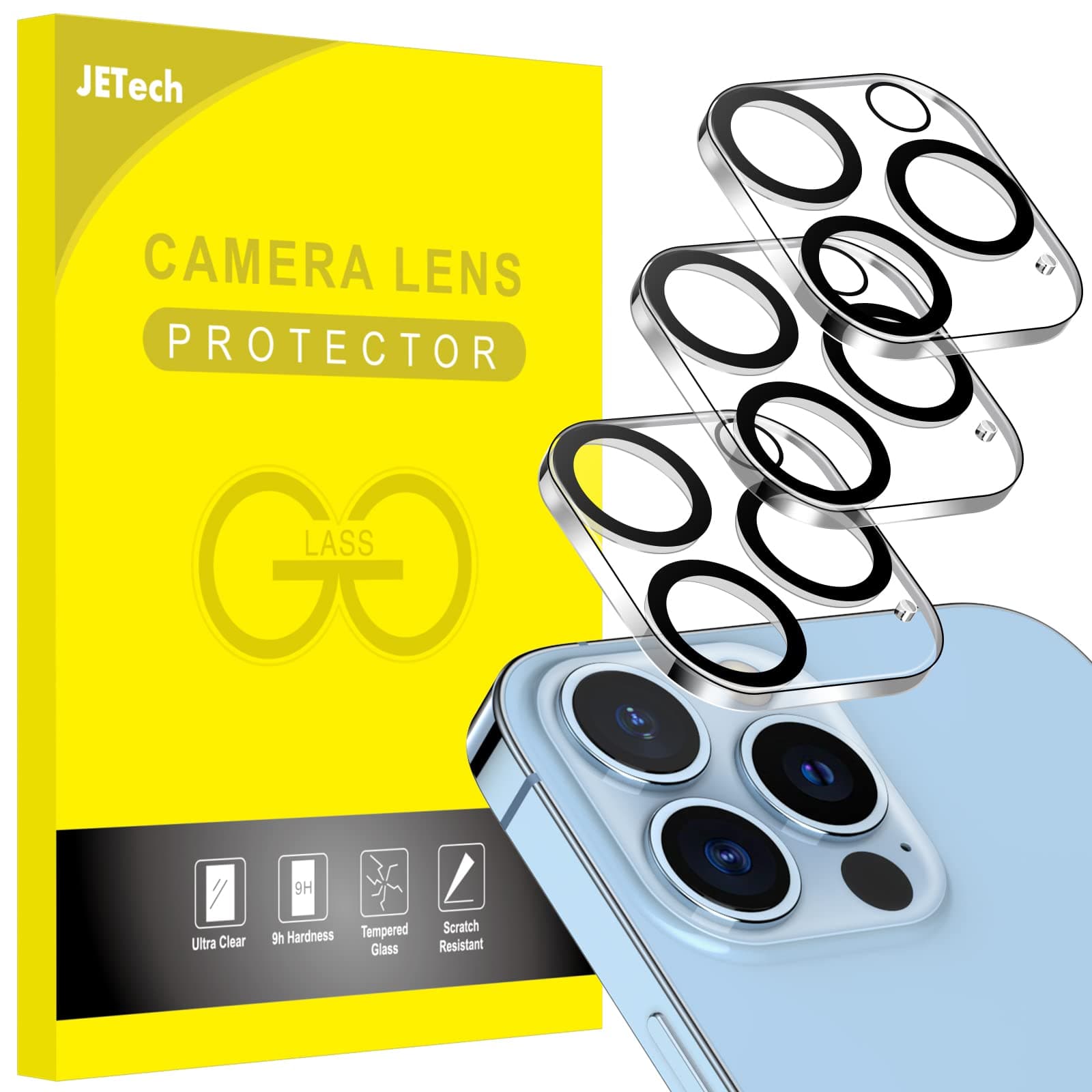 – JETech Camera Lens Protector for iPhone 13 Pro Max 6.7-Inch and iPhone 13 Pro 6.1-Inch, 9H Tempered Glass, HD Clear, Anti-Scratch, Case Friendly, Does Not Affect Night Shots, 3-Pack