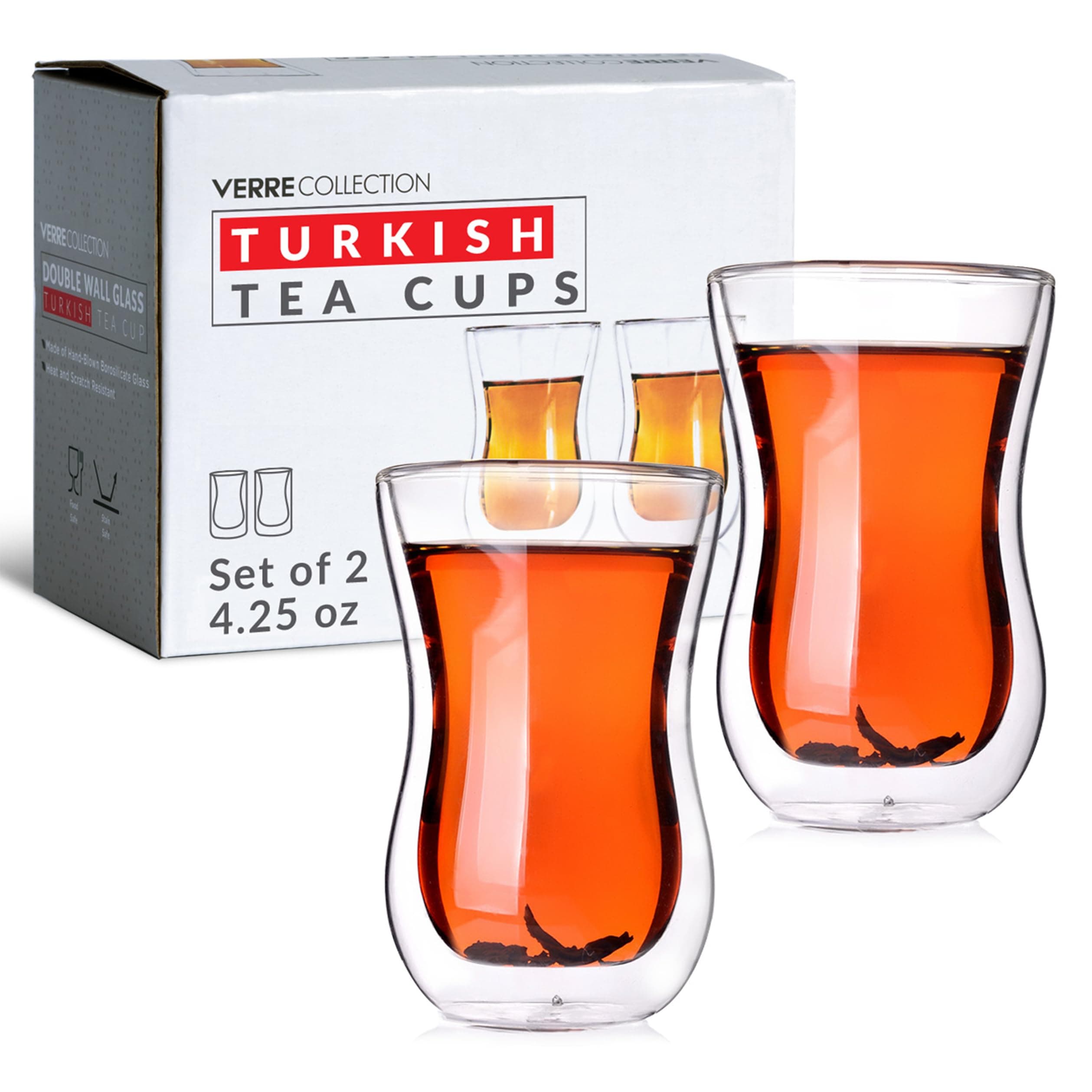 Verre Collection Original Double Wall Turkish Tea Glass Cups 4.25 Ounce Set Of 2 Insulated Thermo Glass 4.25oz Clear