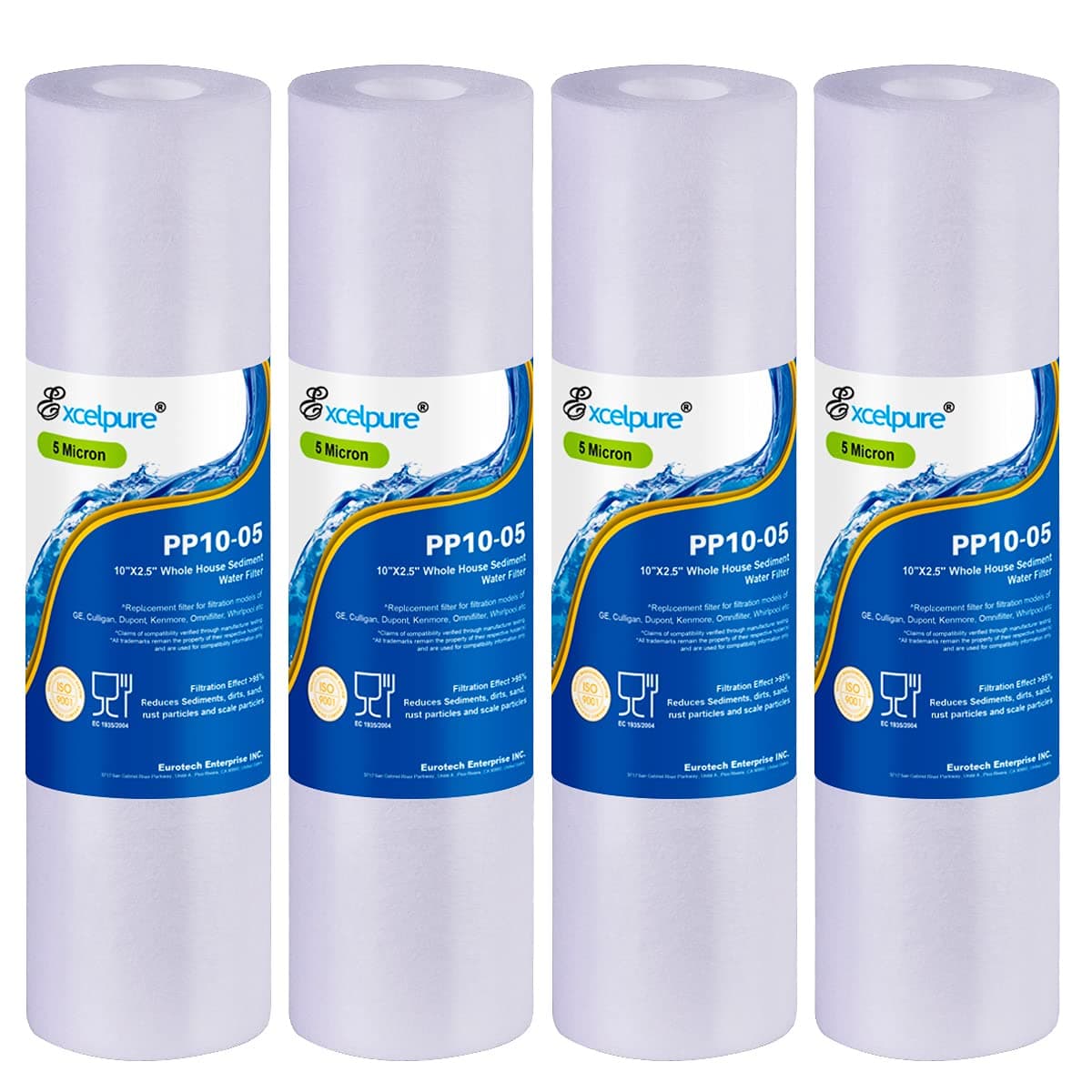 5 Micron 10" x 2.5" Whole House Sediment Home Water Filter Cartridge Replacement for Any 10 inch RO Unit, Culligan P5, Aqua-Pure AP110, Dupont WFPFC5002, CFS110, WHKF-GD05, PP10-05, 4PACK