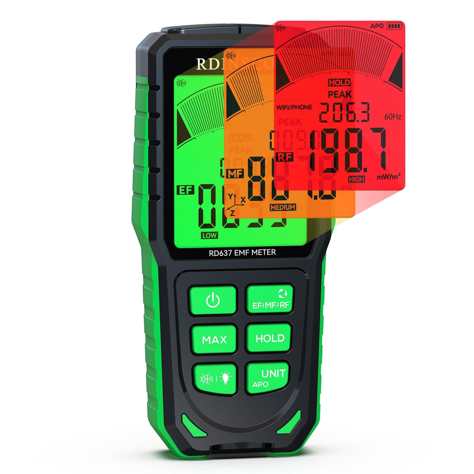 RDINSCOS EMF Meter Rechargeable Electromagnetic Field Radiation Detector Hand-held EMF Reader Tester with Sound and Backlit Alarms EMF Monitor for EF RF MF, WiFi, Microwave and Ghost Hunting
