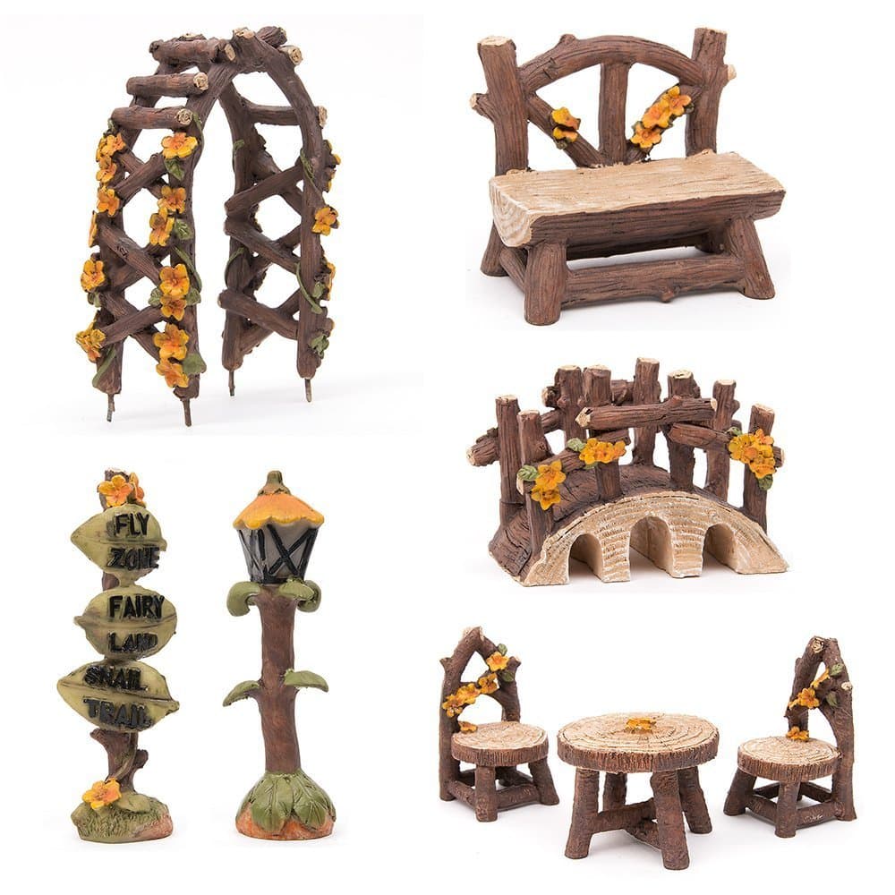 SecretRain 8pcs Resin Fairy Garden Furniture Set, Chairs,Table,Arbor,Bench,Bridge,Streetliht and Sign, Hand Painted Ornaments for Home & Outdoor