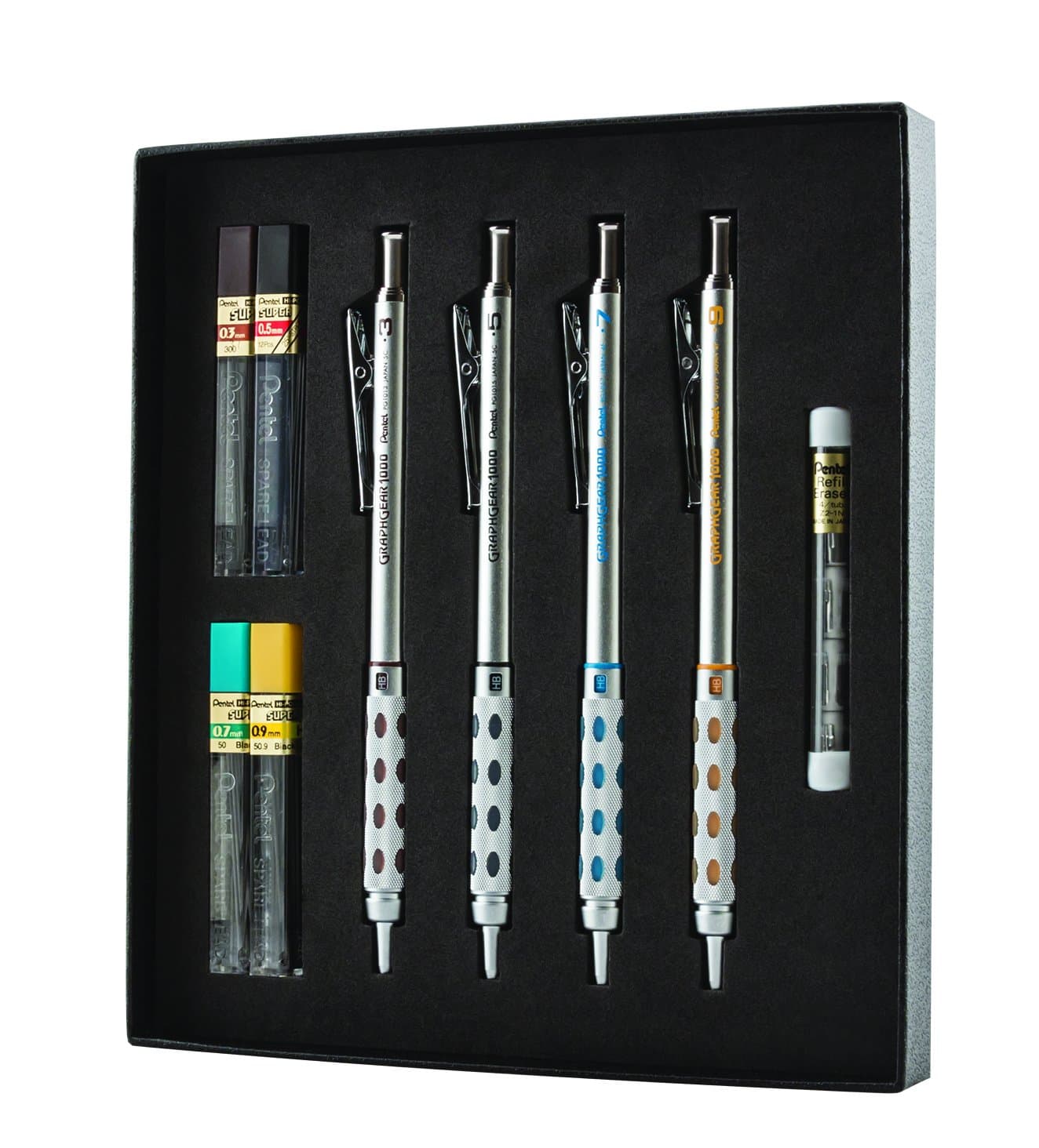 Arts GraphGear 1000 Premium Gift Set with Refill Leads & Erasers (PG1000BXSET), Black, 0.3mm, 0.5mm, 0.7mm, 0.9mm