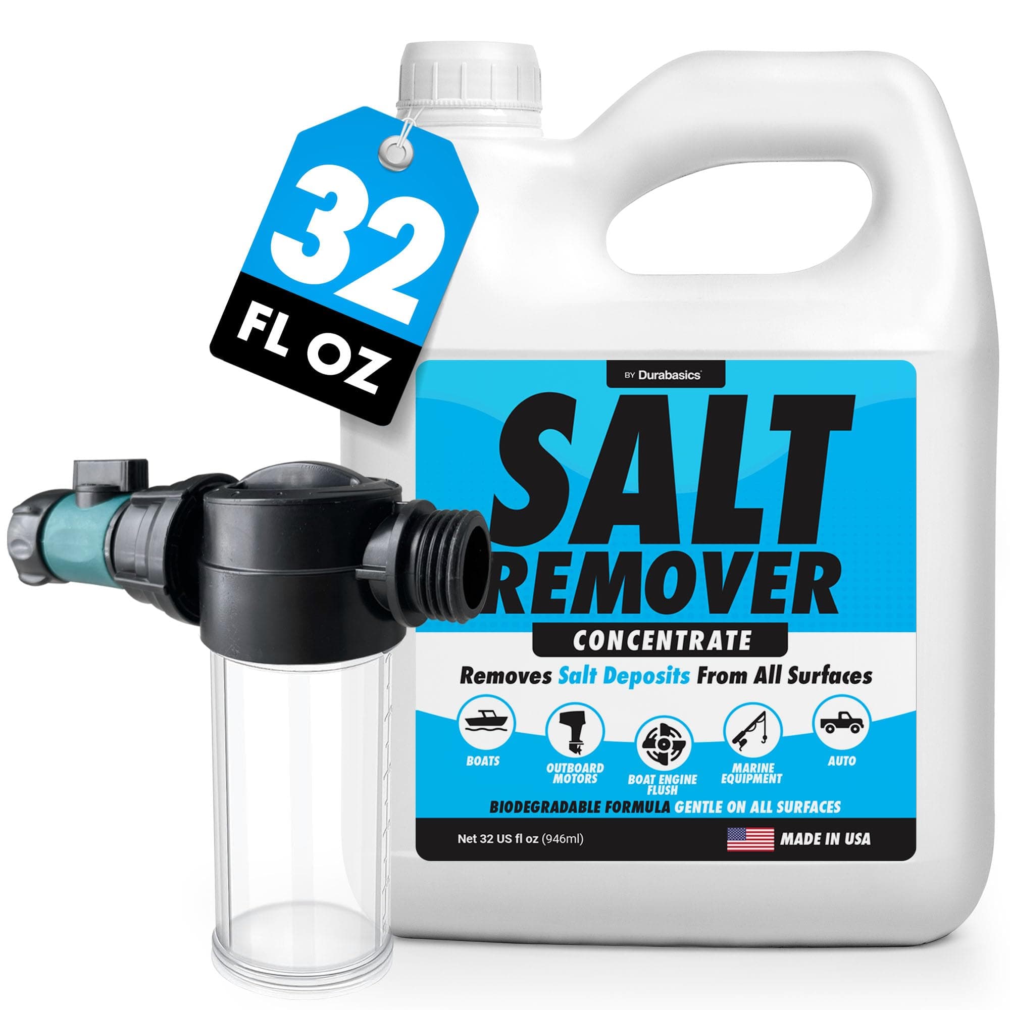 Durabasics Salt Remover Concentrate Kit - Ultimate Boat Salt Remover for Boats & Marine Engine Flush - 32 OZ with Hose Applicator - Perfect for Outboard Motor Flush & Washing Salt Deposits Away