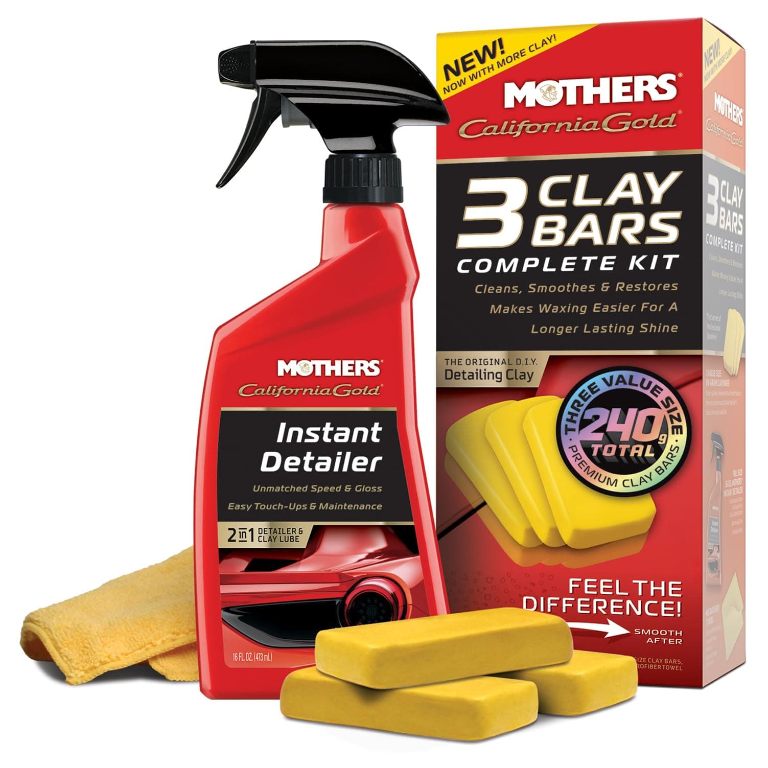 California Gold 3 Clay Bar Complete Kit, 3 80-gram Clay Bars + 16 oz. Instant Detailer + Microfiber Towel — Removes Contaminants, Restores Brilliance & Smoothness of Paint (07240)