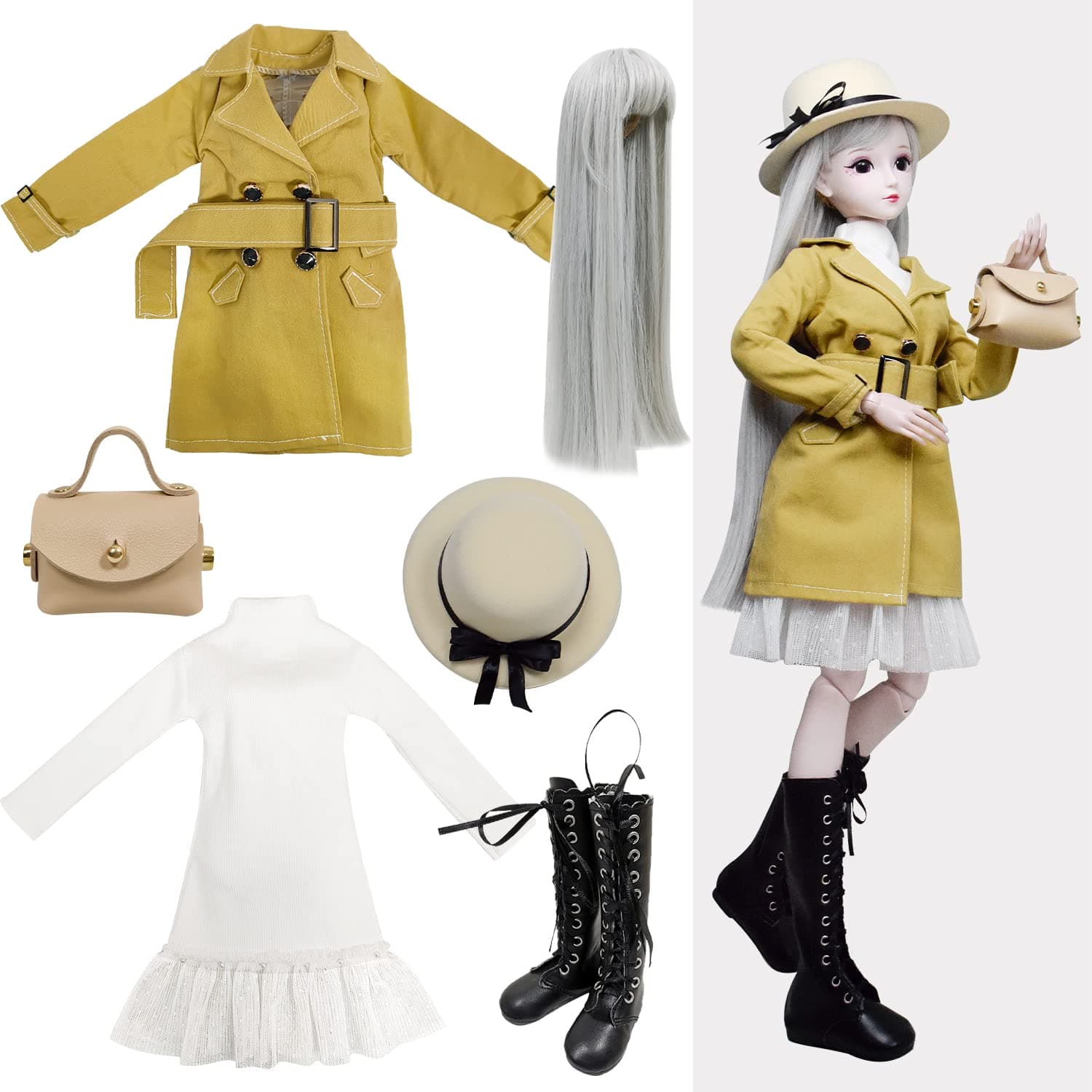 1/3 BJD Doll Clothes Outfit Set - Handcrafted Stylish Khaki Coat, Hat, Dress, Wig, Leather Bag and Boots, Compatible with 1/3 60cm 24in SD Dolls