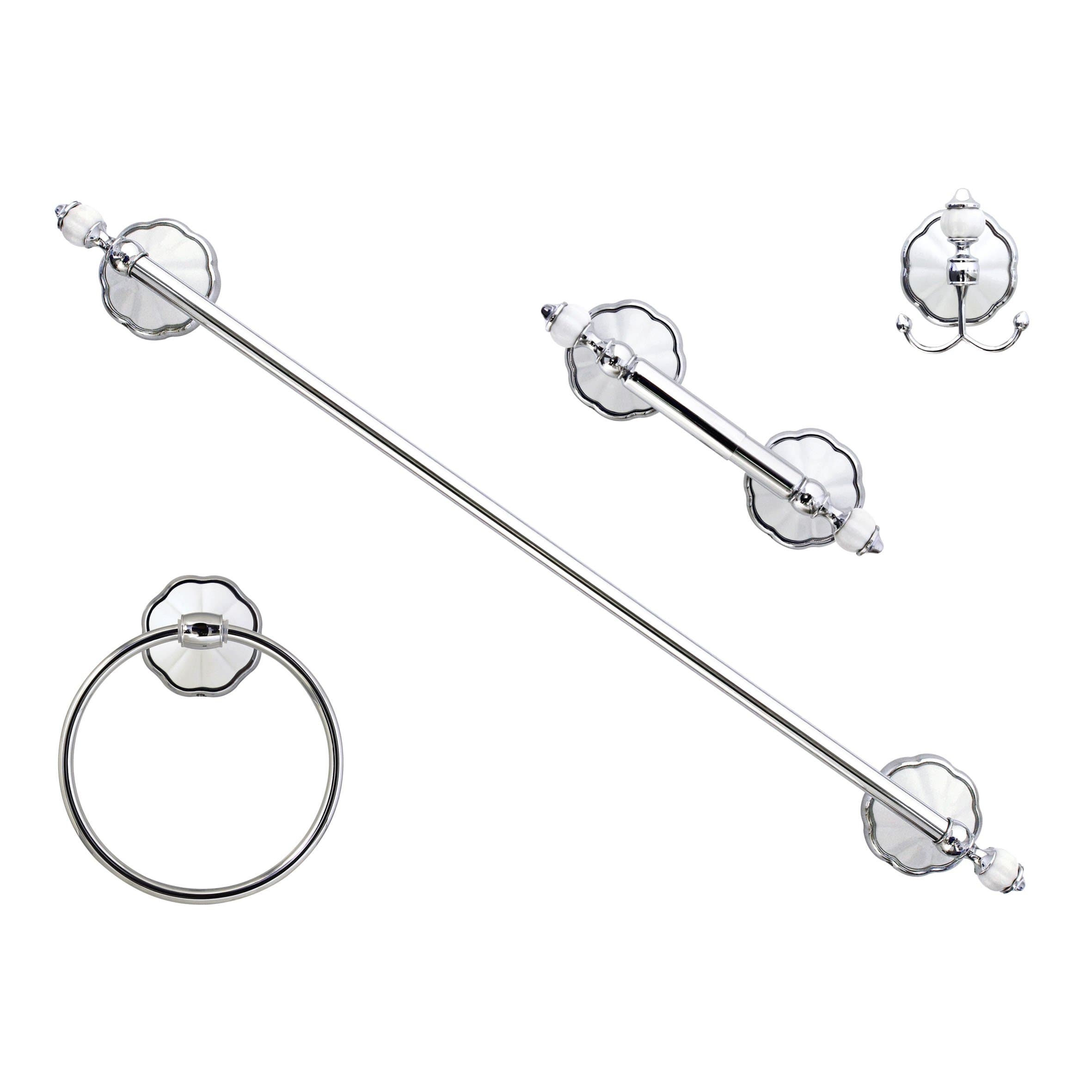 Four Piece Bathroom Accessories Set, Includes 24” Towel Bar, Robe Hook, Towel Ring, and Toilet Paper Holder – White Porcelain & Chrome - Flora Series - 5 Year Warrantee