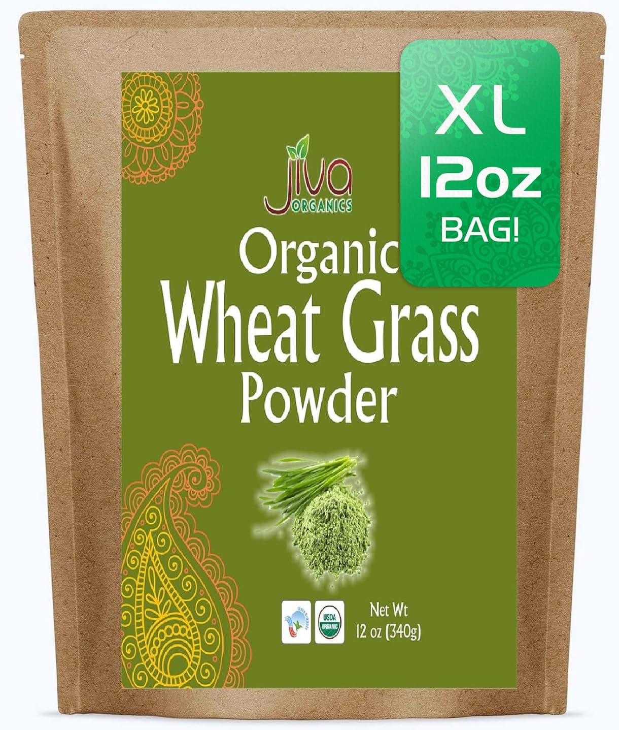 Jiva Organics Wheatgrass Juice Powder 12 Ounce Bulk Kraft Bag - from Whole Leaf - Rich in Fibers and Minerals, Non-GMO and Vegan