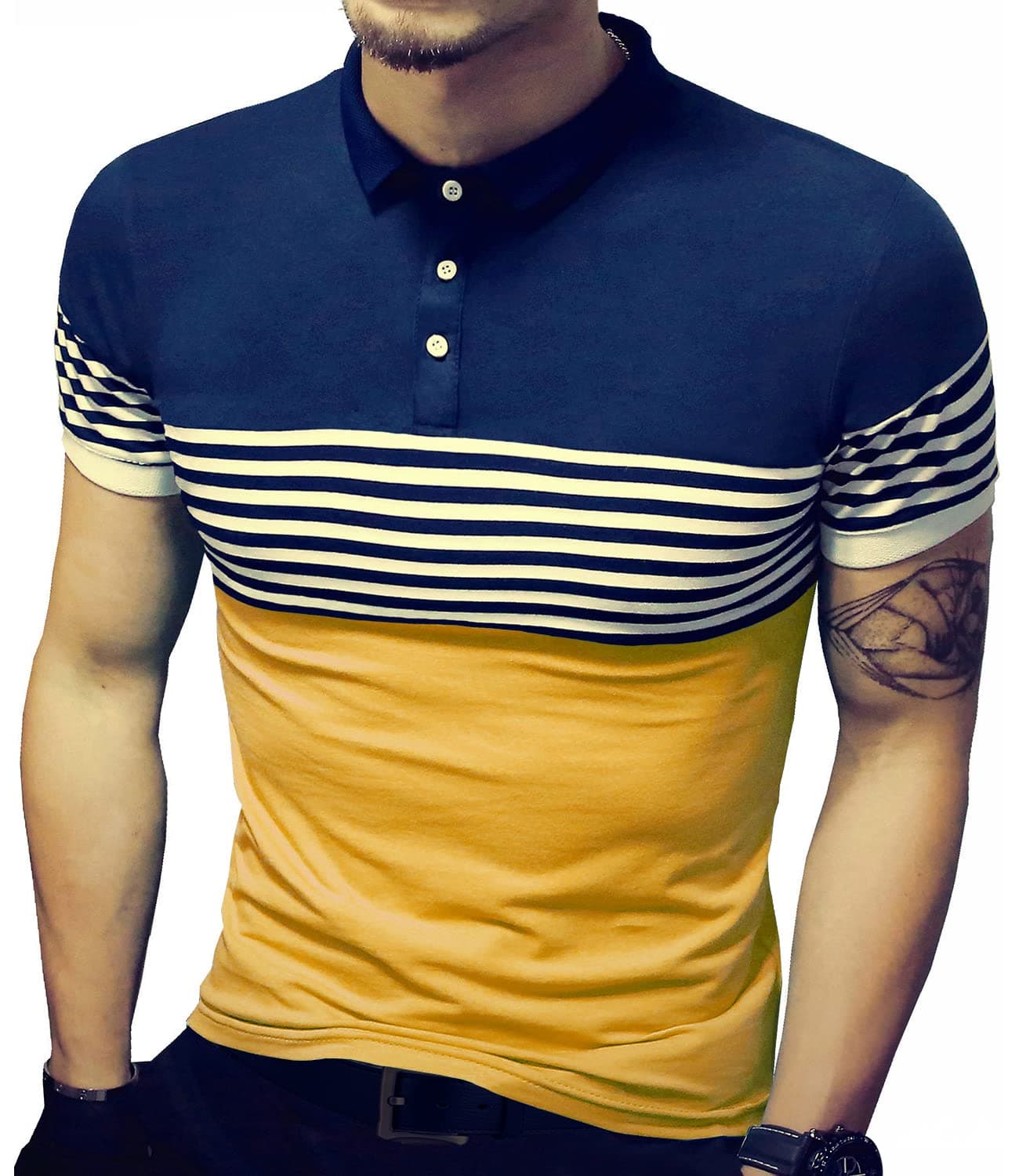 LOGEEYAR Mens Summer Slim Fit Contrast Color Stitching Stripe Short Sleeve Polo Casual T-Shirts