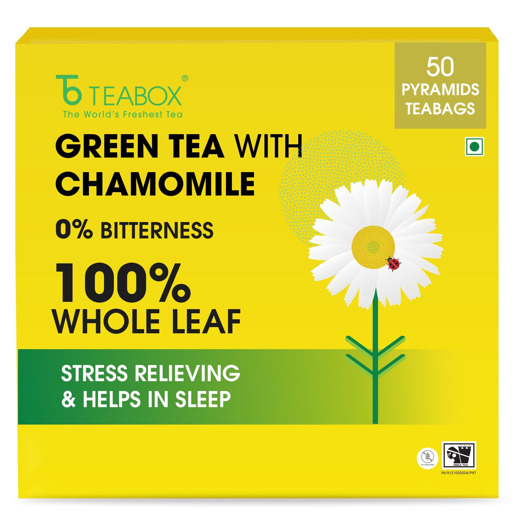Chamomile Green Tea 50 Tea Bags | With Egyptian Chamomile Flowers & Whole Leaf Green Tea | Calming Blend for Relaxation & Sleep | Low Caffeine, Fresh & Aromatic