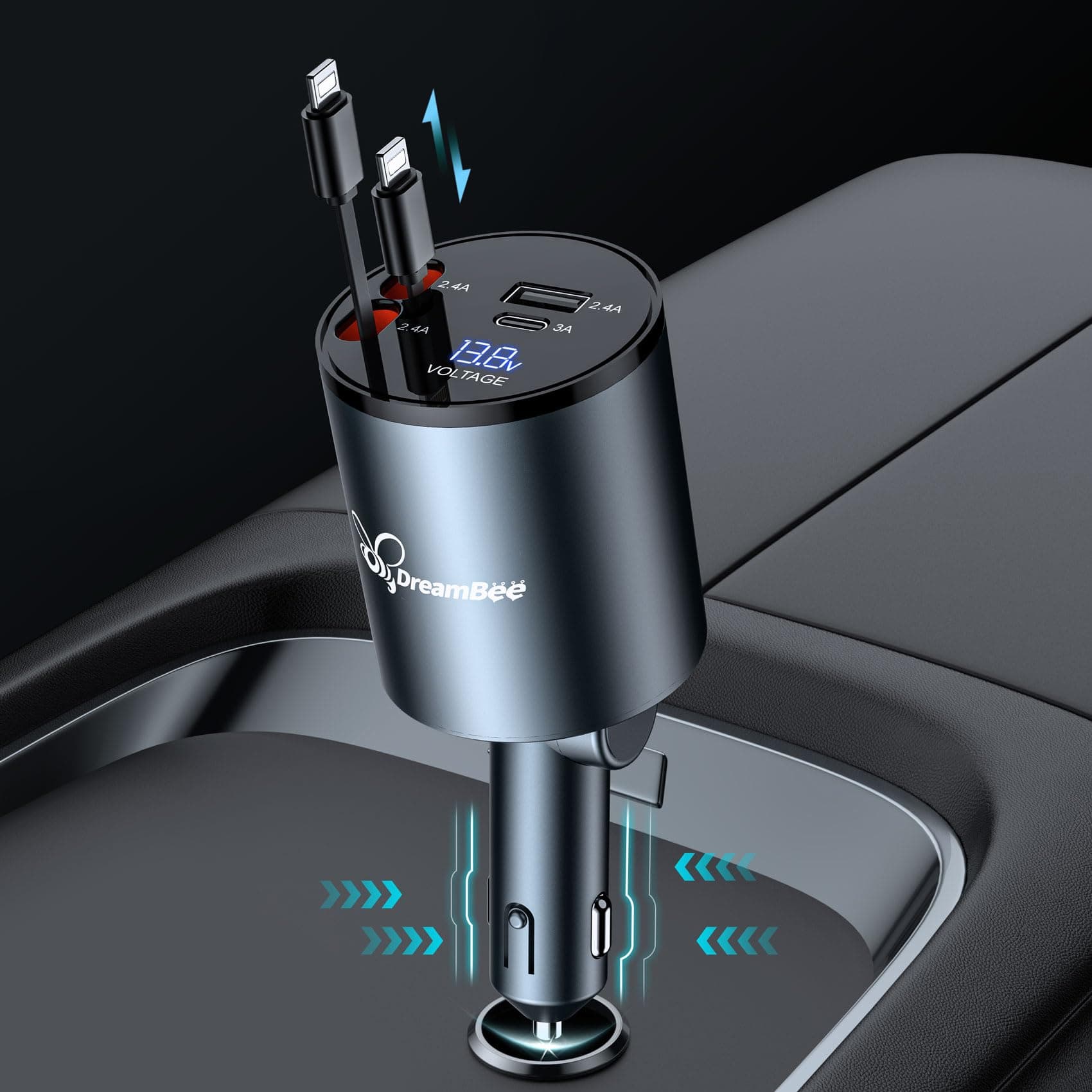 Retractable Car Charger,68W Super Fast USB Car Phone Charger,Dual iPhone Retractable Cables (31.5 inch) and 2 USB Ports Car Charger Adapter for Samsung Galaxy S23+/S23/ S22 iPhone 15/14,iPad