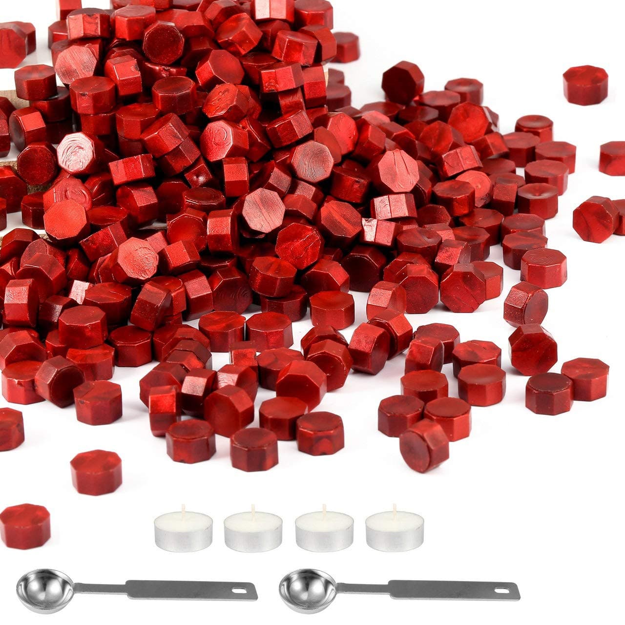 Mornajina Metallic Red Sealing Wax Beads Kit - 360 Pieces, Octagon Wax Seal Stamp, 2 Melting Spoons, 4 Candles