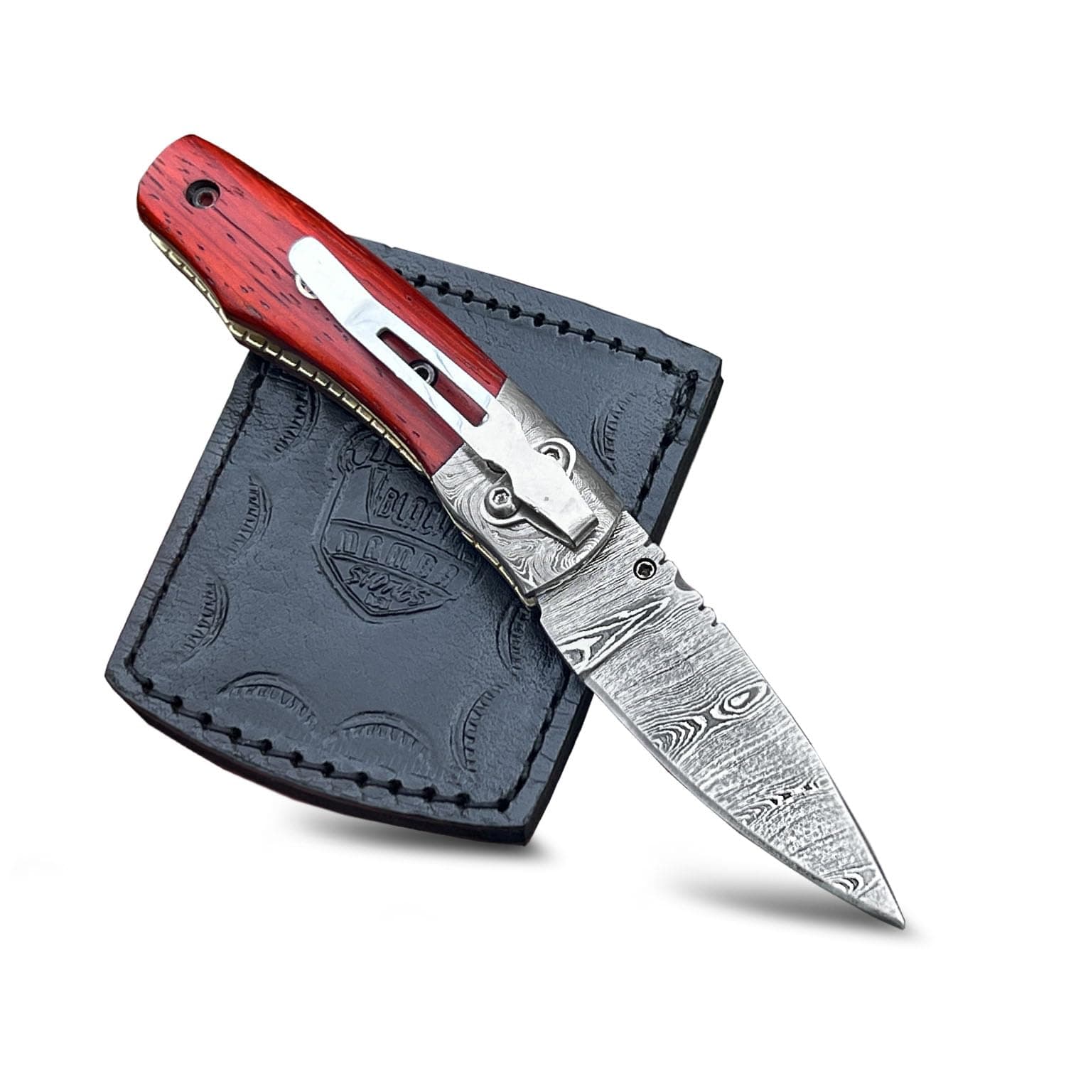 BMK-406 Taipan 4 Long 3 Blade 5 Ounce Damascus Pocket Clip Knives Handmade Damascus Pocket Folding Knife With Leather Cover Hand Made Word Class Knives