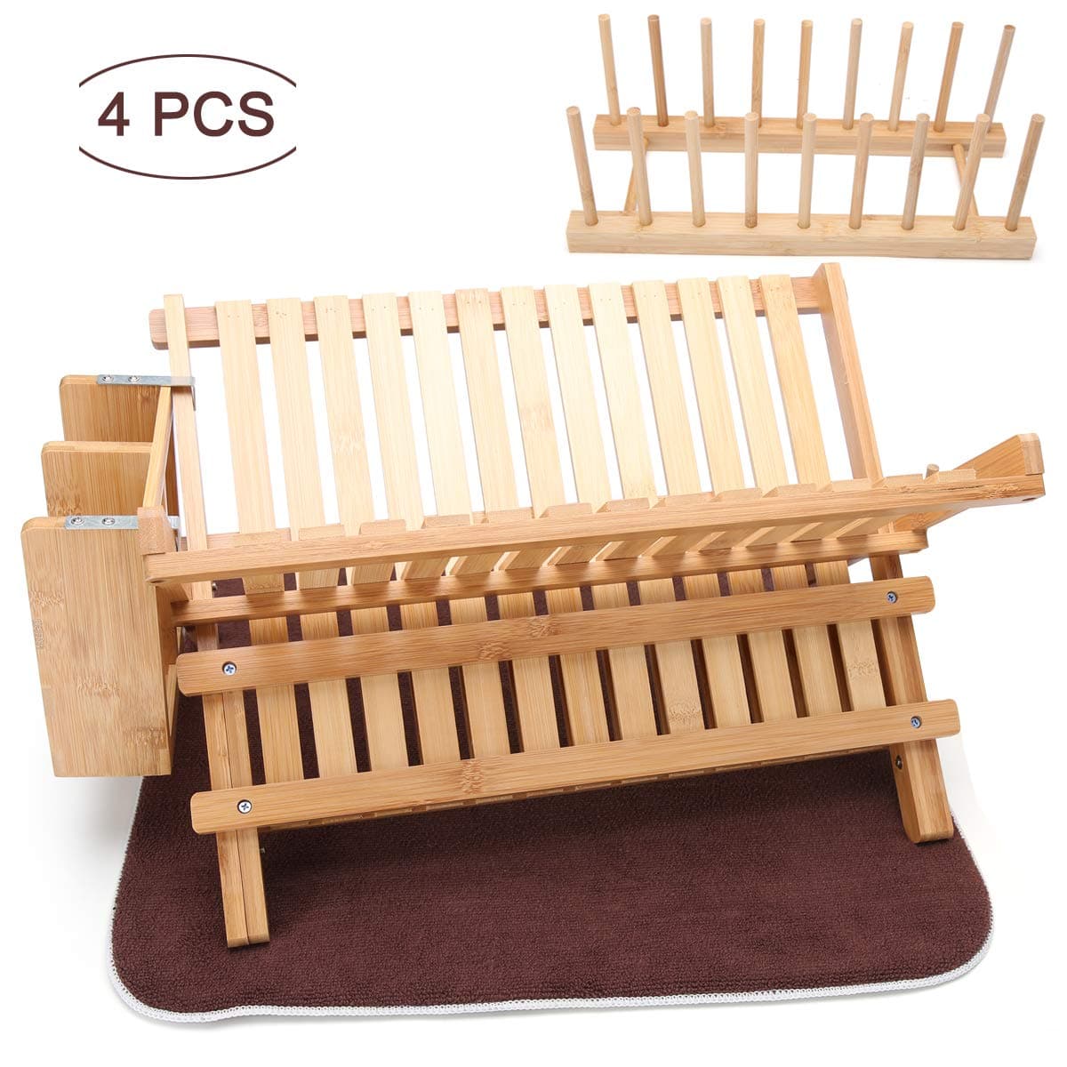 4 PCS Bamboo Dish Drying Rack Collapsible 2-Tier Bamboo dish drainer Dish Drying Mat Plate Dryer Dish/Plate/Bowl/Cup/Pot Lid/Book