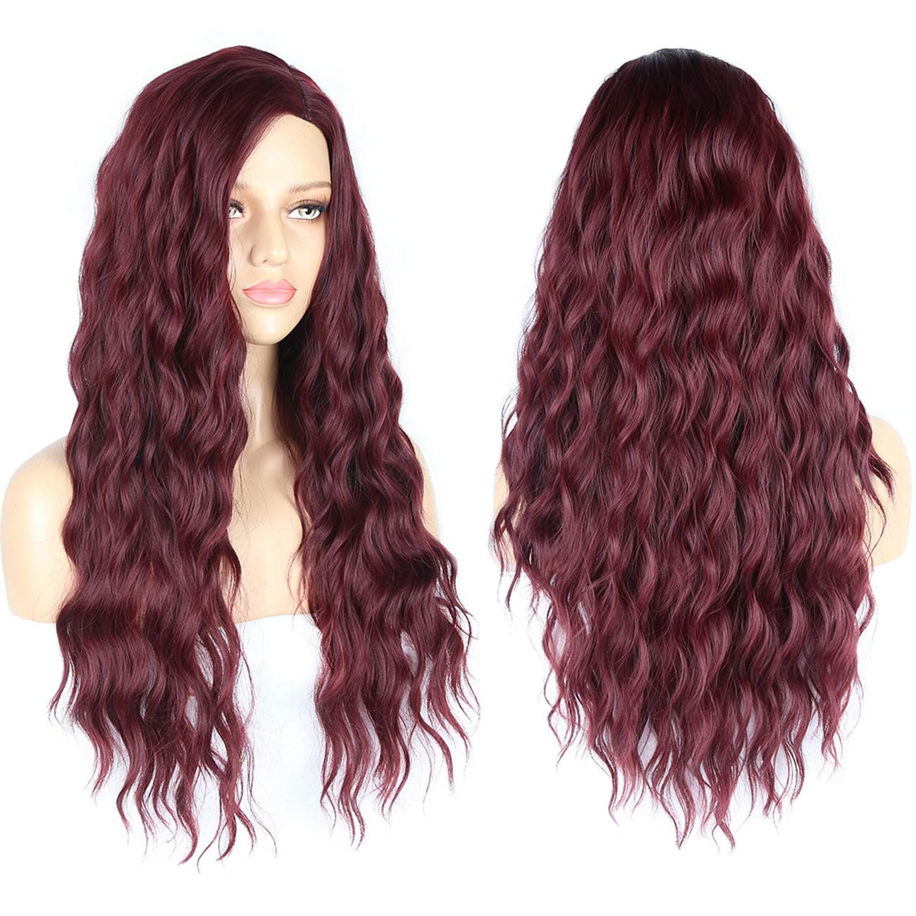 Cosswigs New Style Long Burgundy Wigs Realistic Looking Curly Synthetic Wig for Women Machine Made Wine Red Wig Heat Resistant Fiber #99J 26inches