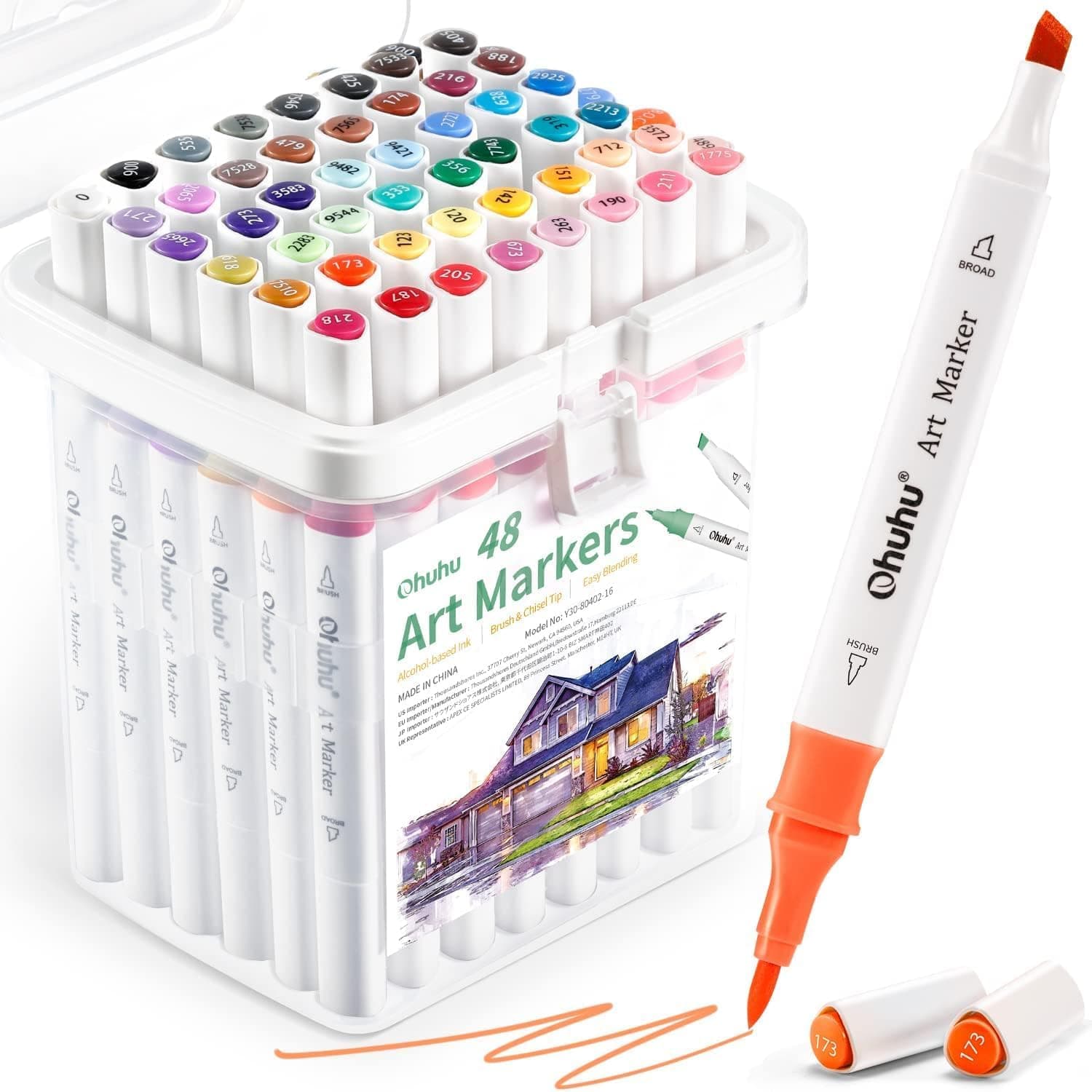 Brush Markers Alcohol Based: Double Tipped Art Sketch Drawing Marker for Artists Adults Beginners Coloring Landscape Architectural Design - Brush& Chisel - 48-color w/Marker Storage Case