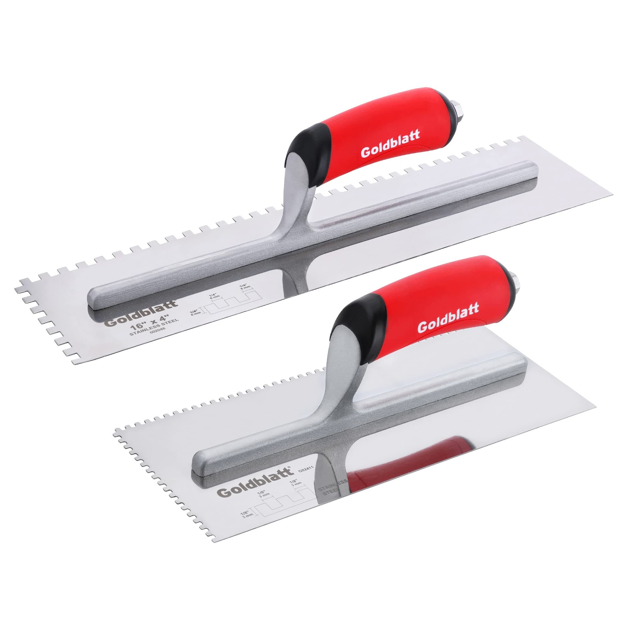 Goldblatt 2-Piece Notch Trowel Set, 1/8"X1/8" Square & 1/4"X1/4" Square, Made of Premium Stainless Steel with Soft Grip Handle, Perfect for Masonry Tile Work