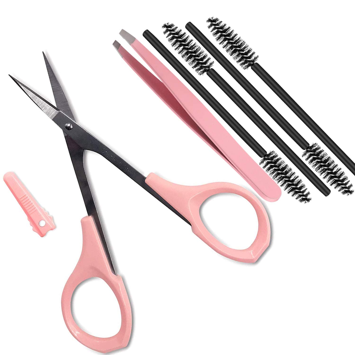 4" Curved Craft Scissors Stainless Steel Unisex Eyebrow Kit Eyebrow Scissors, Slant Tweezers And Eyebrow Brush for Eyebrow Eyelash Extensions Pink Set
