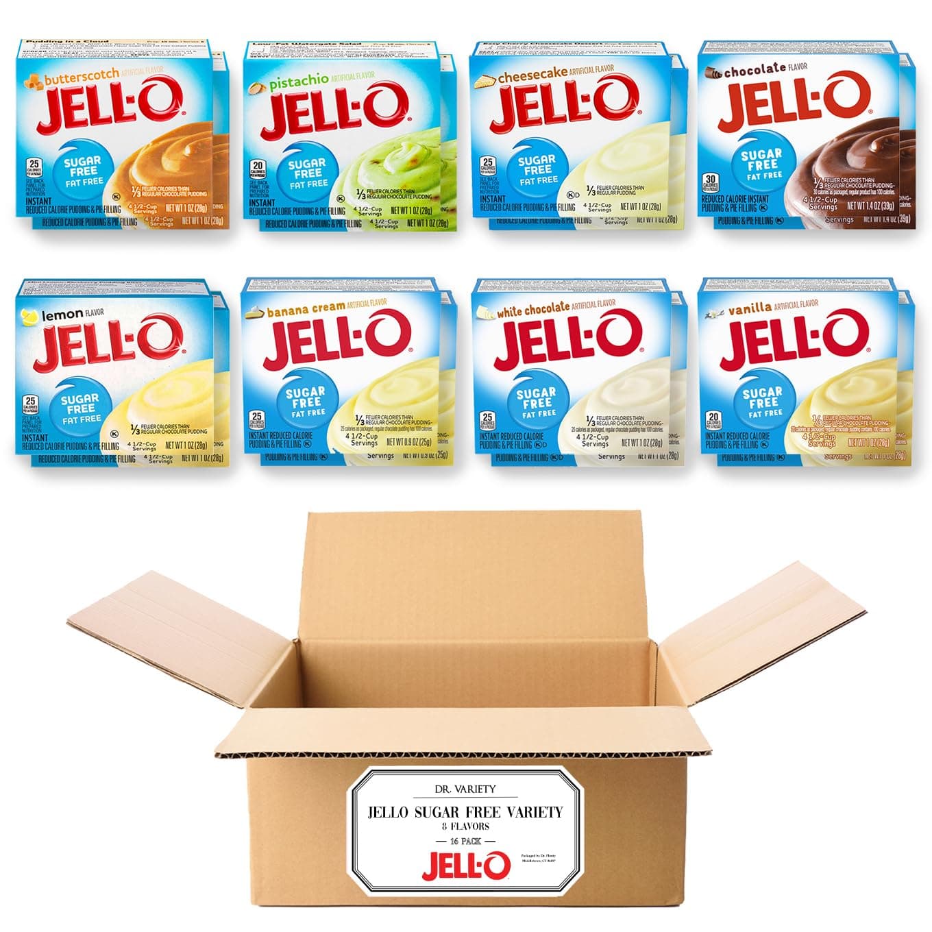 Jello Sugar Free Pudding Mix Instant - Dessert Flavor Variety Pack (8 Flavors, 16 Boxes) - Fat and Sugar Free Jello Pudding Mix & Pie Filling - Includes Cheesecake, Banana Cream, and more - By Dr. Variety