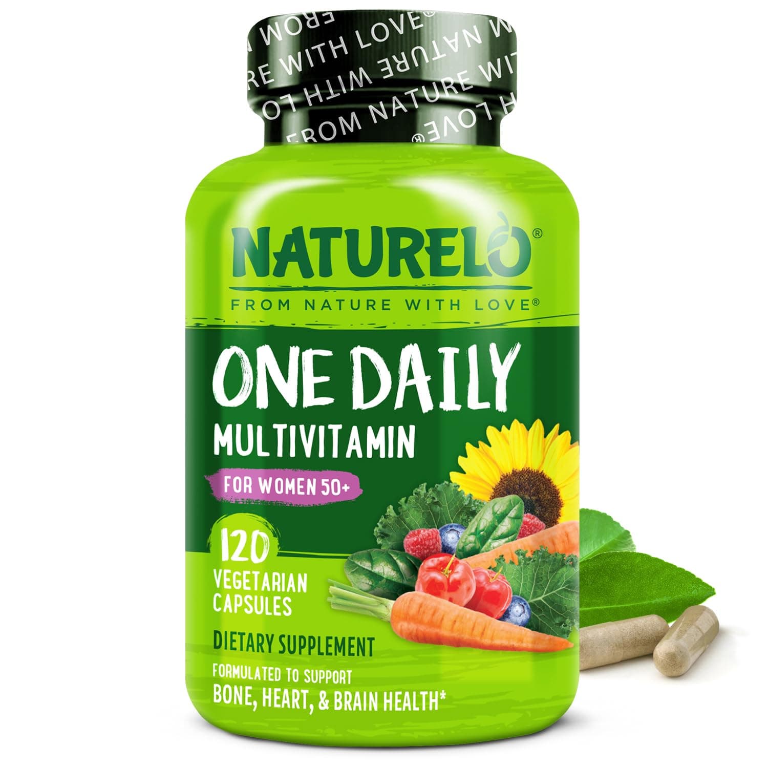 NATURELO One Daily Multivitamin for Women 50+ (Iron Free) - Menopause Support for Women Over 50 - Whole Food Supplement - Non-GMO - No Soy - 120 Capsules - 4 Month Supply