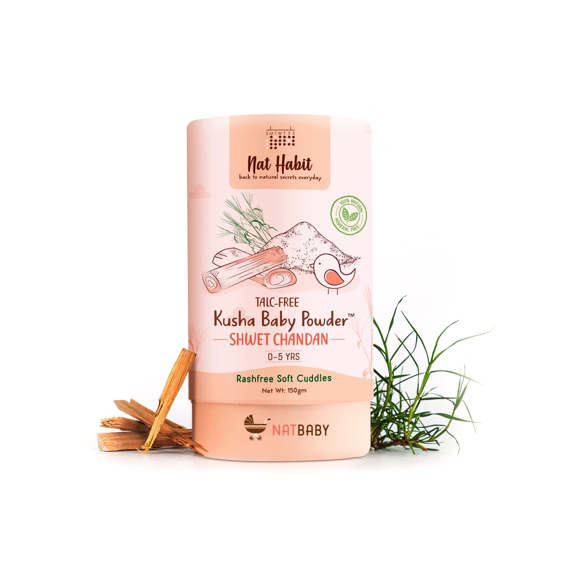 Nat Habit Shwet Chandan Kusha Baby Powder | Talc-Free, Rash-Free Dusting Powder for Newborns & Kids (0 to 5 Yrs) | Cornstarch Baby Powder for Summer, Face & Body | Ayurvedic Baby Puff Powder 150g