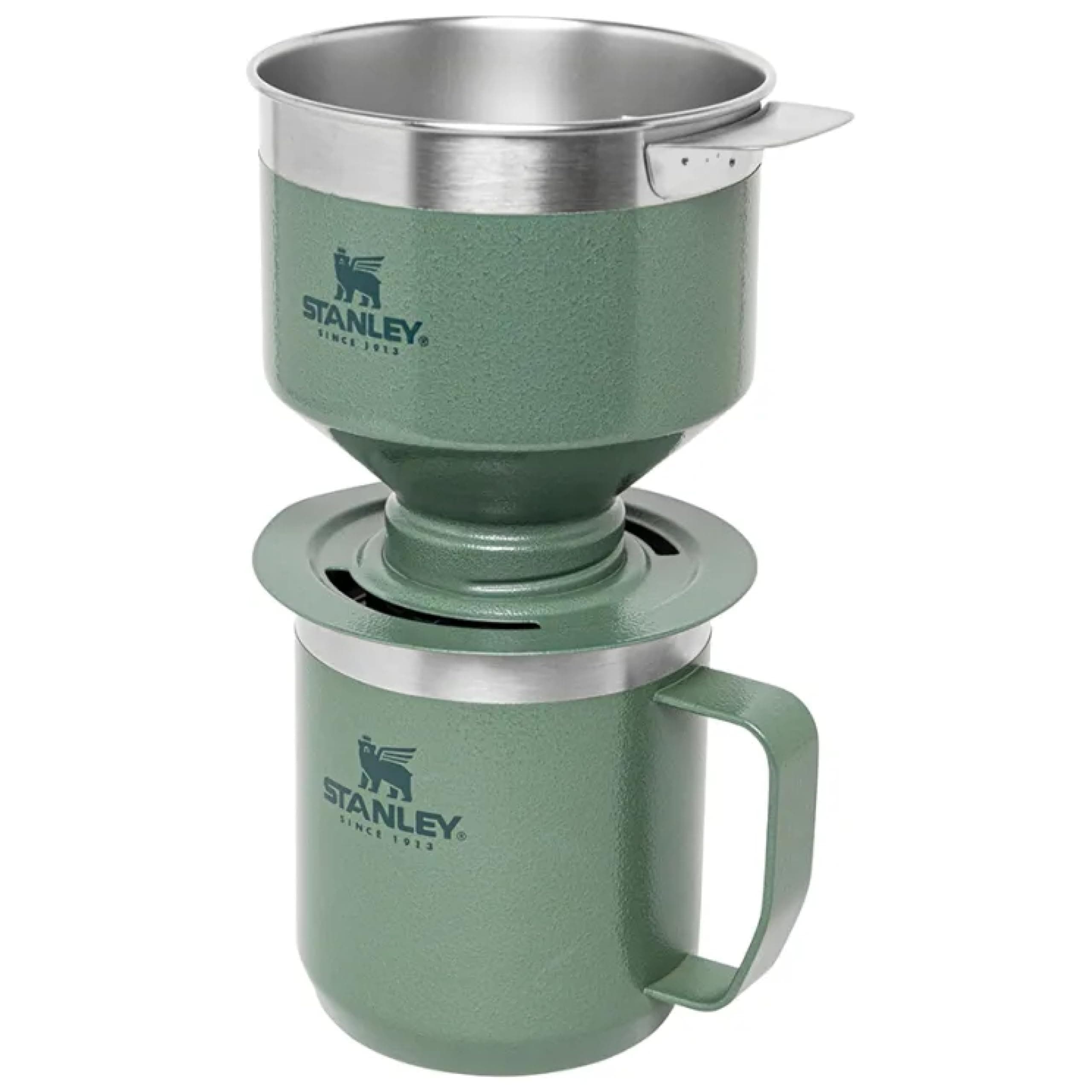 STANLEY 1913 Camp Mug with Perfect Brew Pour Over Set - Keeps Hot for 1 Hour - 2 Hours Cold - Dishwasher Safe - Reusable Filter - Camping Mug with Coffee Maker - Hammertone Green