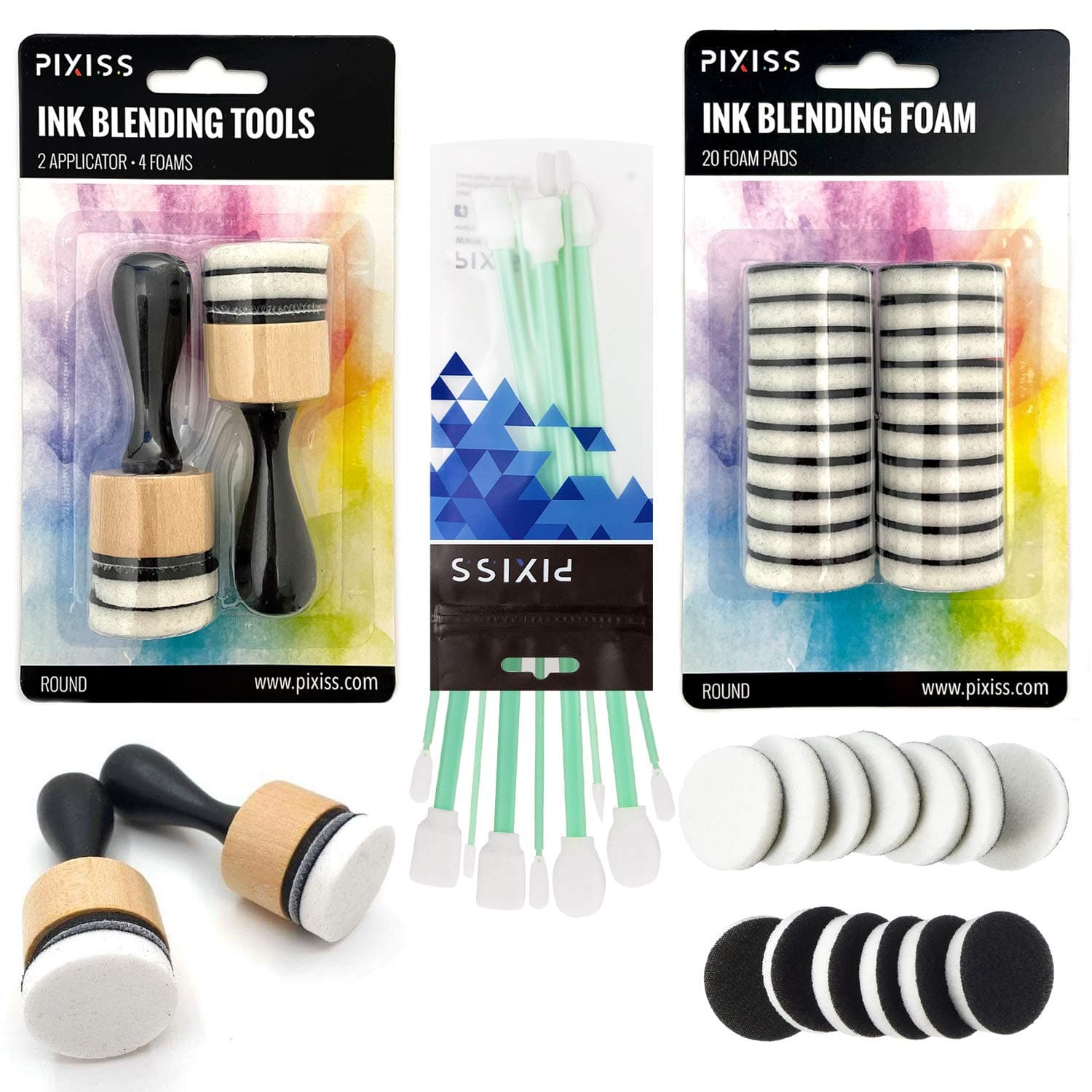 Pixiss Mini Ink Blending Tools, 2 Pack Round with 24 Replacement Foam Pads, 10 Stick Blending Tools for Distressing, Blending and More