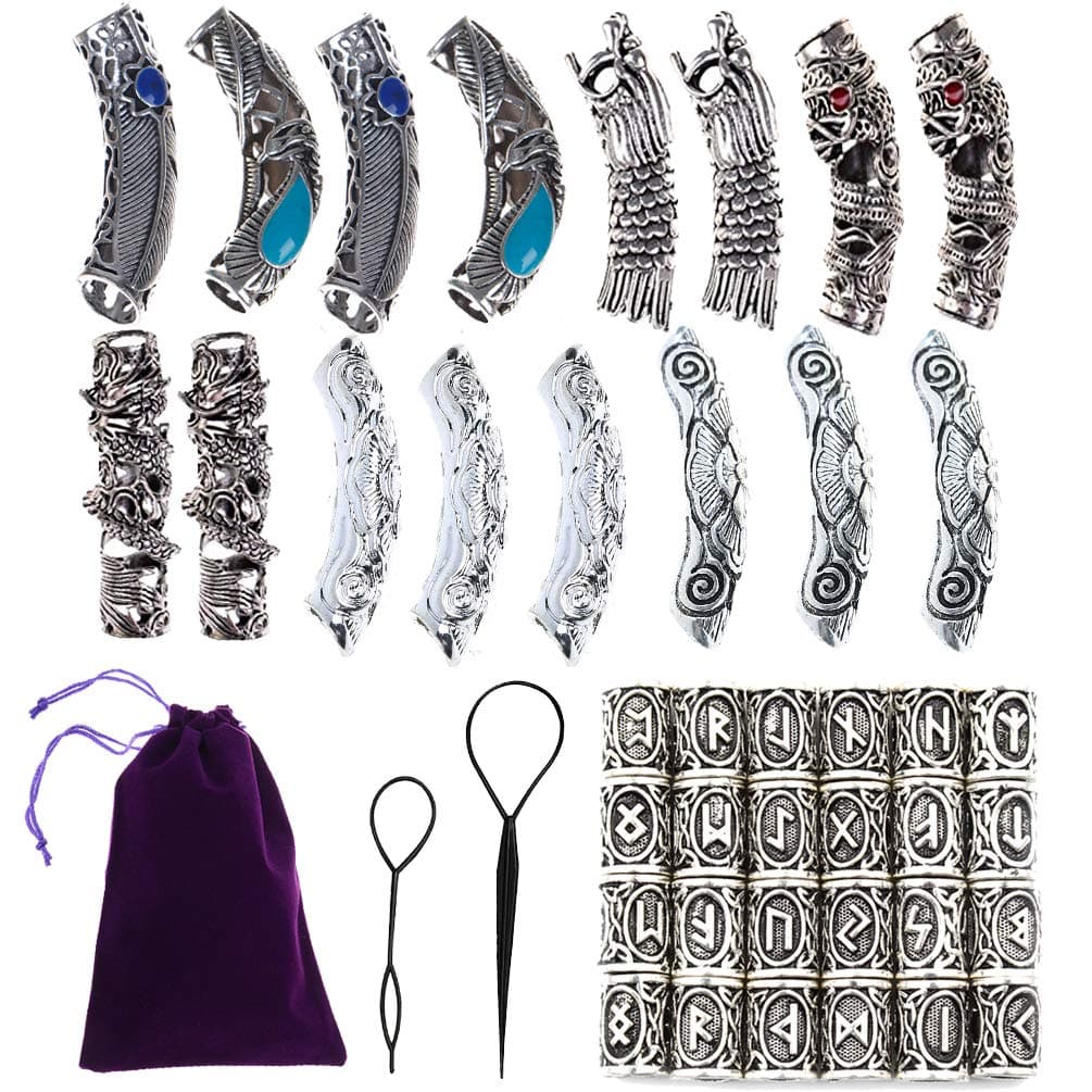 40 Pcs Vikings Rune Beard Bead Set Norse Dreadlocks Rings Mardi Gras Beads for Dreads Beards,Hair Paracord Pendants,Bracelets DIY