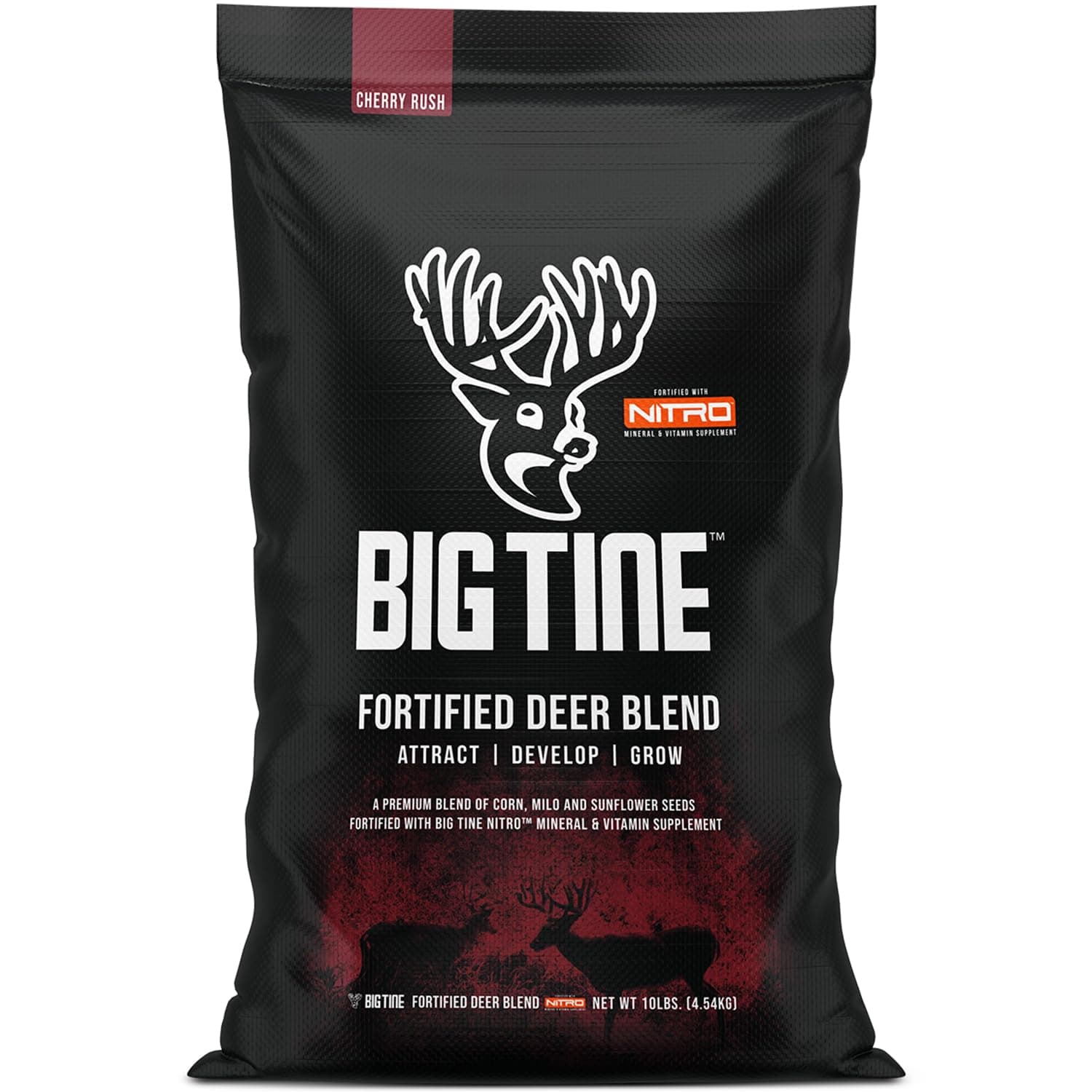 Big Tine Fortified Deer Blend, 10 lbs, Cherry Rush Flavor, Whole Grain Feed, Nitro Mineral Formula, Nutritious, Packed with Vitamins and Minerals, Supports Antler Growth, Gravity or Ground Feeding