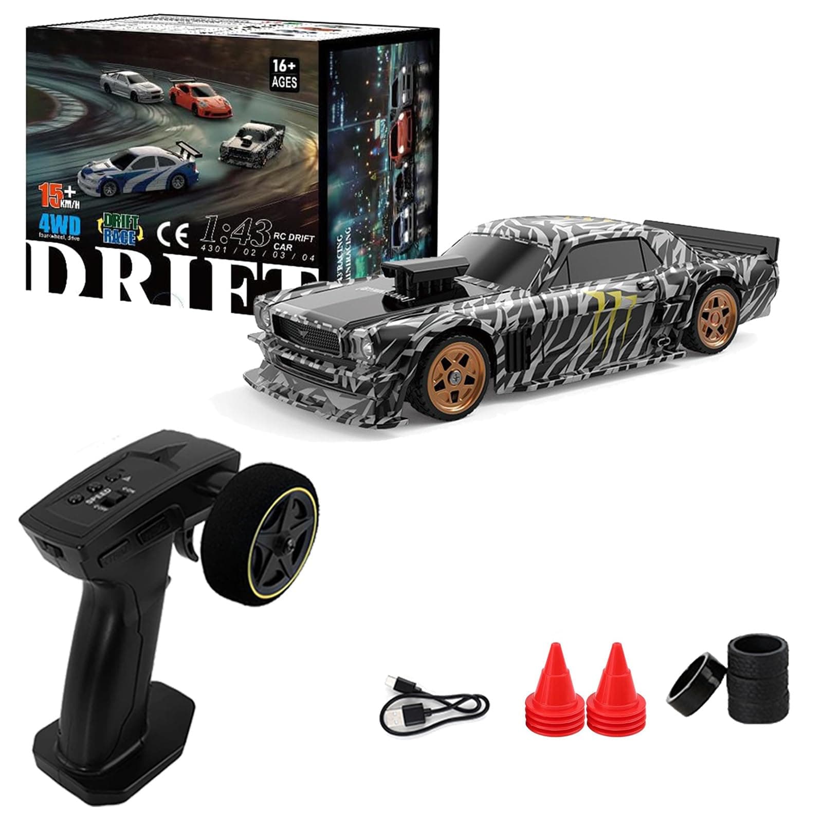 1/43 Drift RC Car, Drifty Boyz RC Mini Car for Adults High Speed, Throttle & Steering Full Proportional Control, RTR 2.4Ghz Remote, Simulate LED Car Light, 2 Sets of Tires, 8 Road Cones (White black)