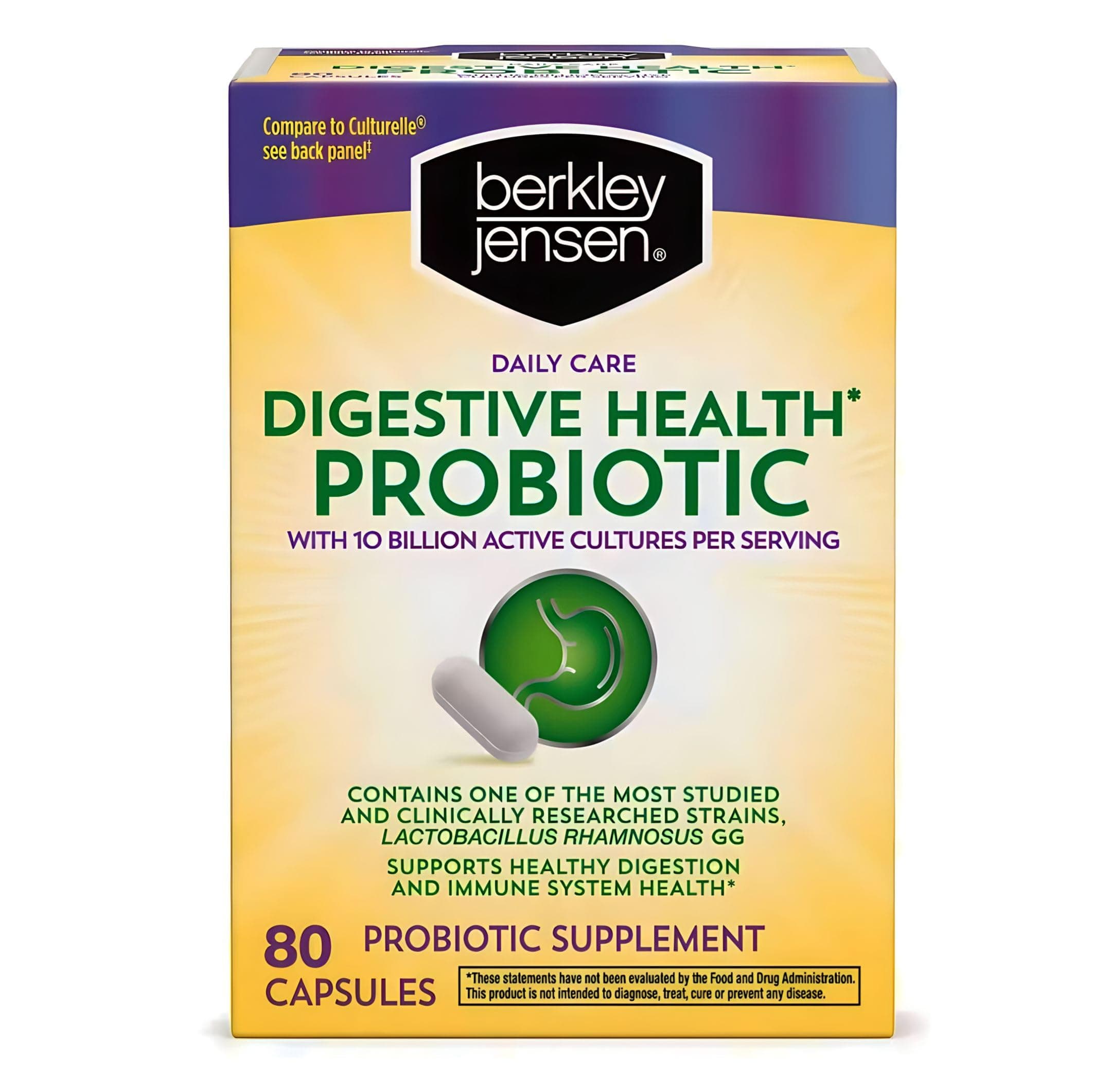 berkley jensen Daily Care Digestive Health Probiotics for Women & Men - Advanced Formula with Lactobacillus Rhamnosus GG & Lactobacillus Acidophilus - for Immune Support & Gut Health - 80 Capsules