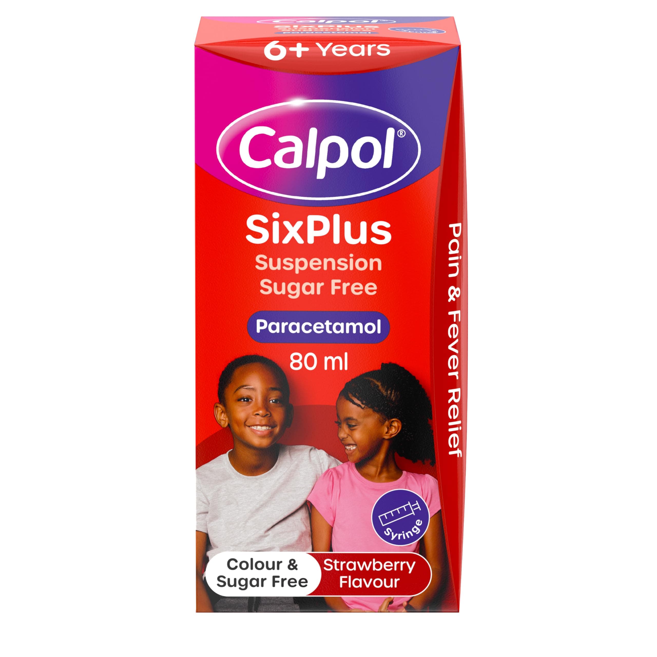 SixPlus Oral Suspension Paracetamol (1 x 80ml), Sugar-Free Strawberry Flavour Calpol 6 Plus with Paracetamol for Fever & Pain Relief, Suitable for Kids from 6 Years