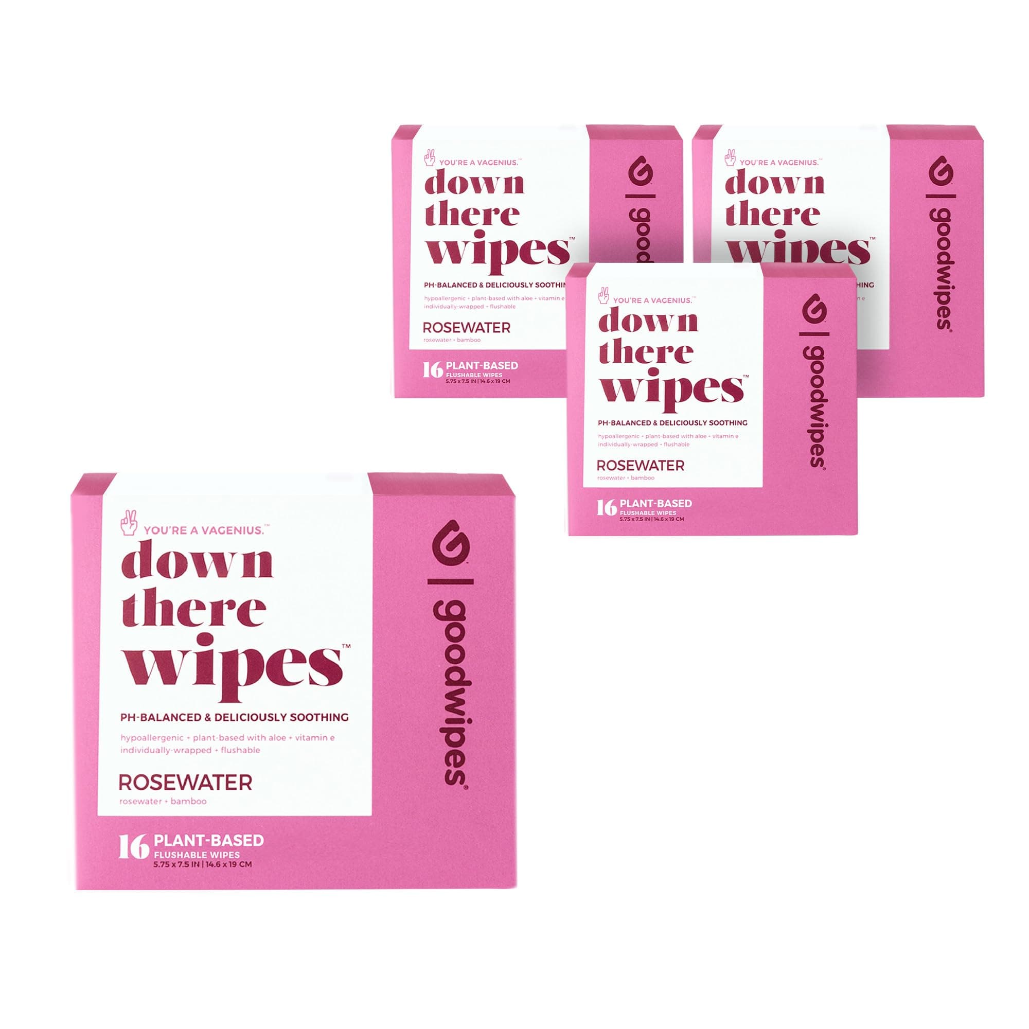 Goodwipes Down There Feminine Hygiene Wipes – Soothing, Cleansing, Flushable Wipes for Period, Pre & Post Intimacy – pH Balanced – Travel Essentials – Rosewater, 64 Individually Wrapped Wipes