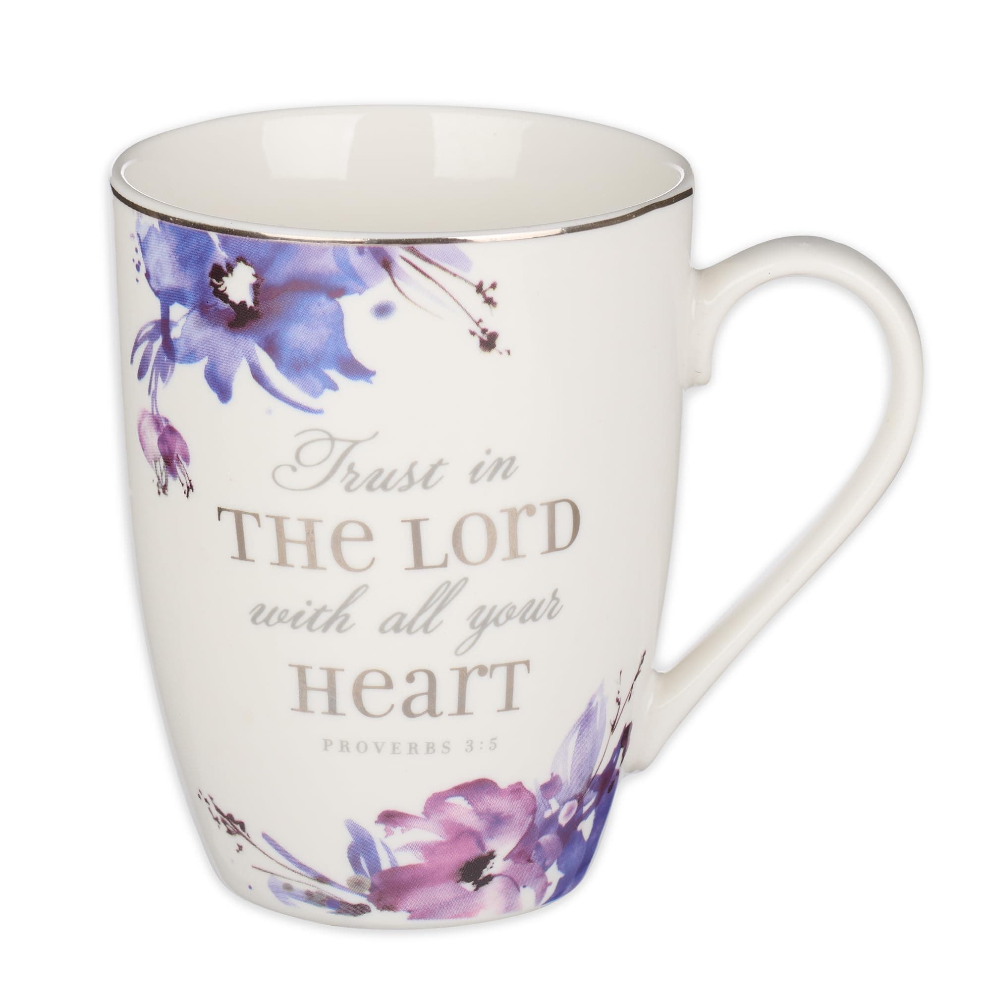 Christian Art Gifts Scripture Ceramic Encouraging Coffee and Tea Mug for Women: Trust in the Lord - Proverbs 3:5 Inspirational Bible Verse Cup for Hot and Cold Beverages, White & Purple Floral, 12 oz.