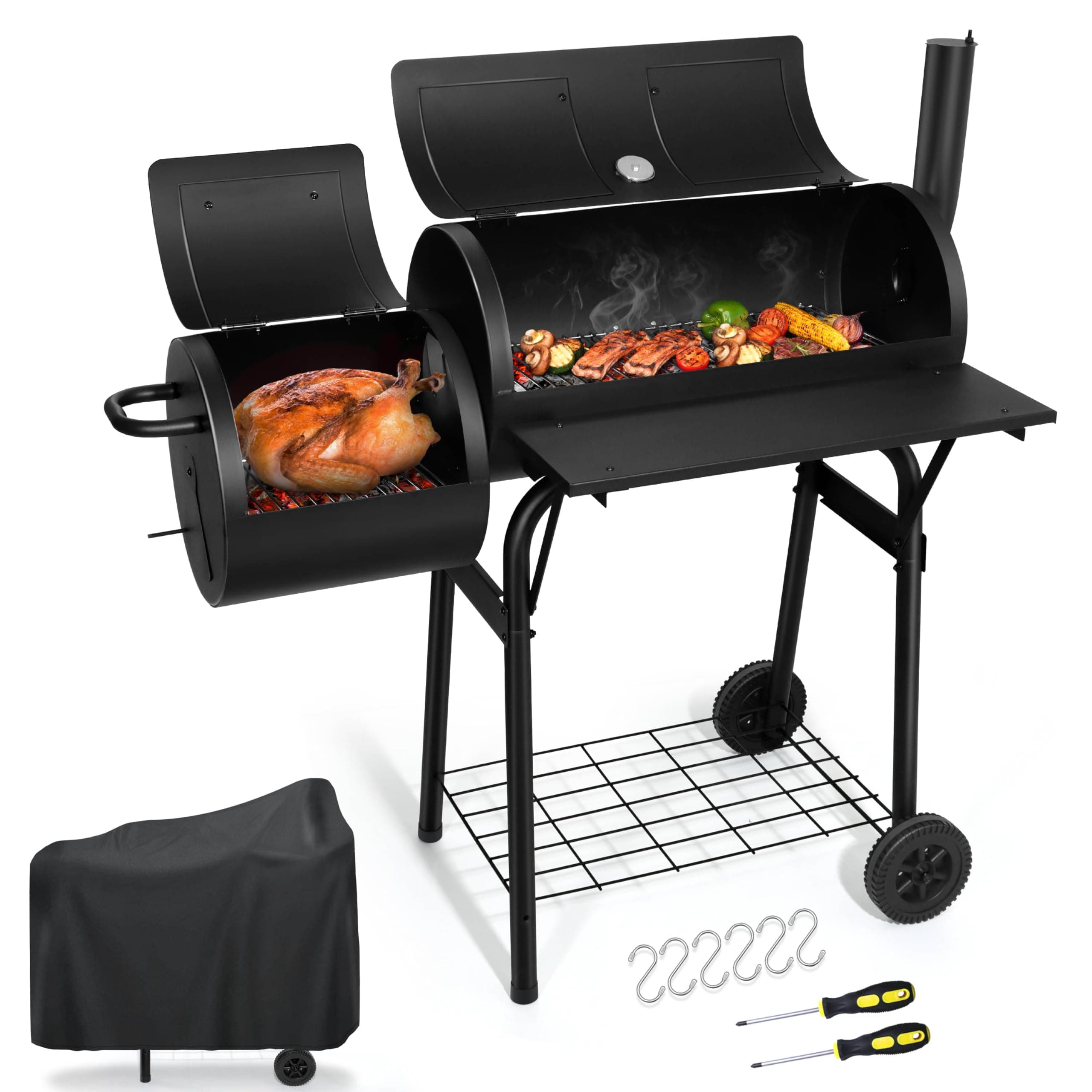 Joyfair Charcoal Grill with Offset Smoker, Large Steel BBQ Grill with Protective Cover for Outdoor Camping Grilling/Backyard Barbecue Smoking, Heavy Duty & Dual Chamber Design, Thermometer & Chimney