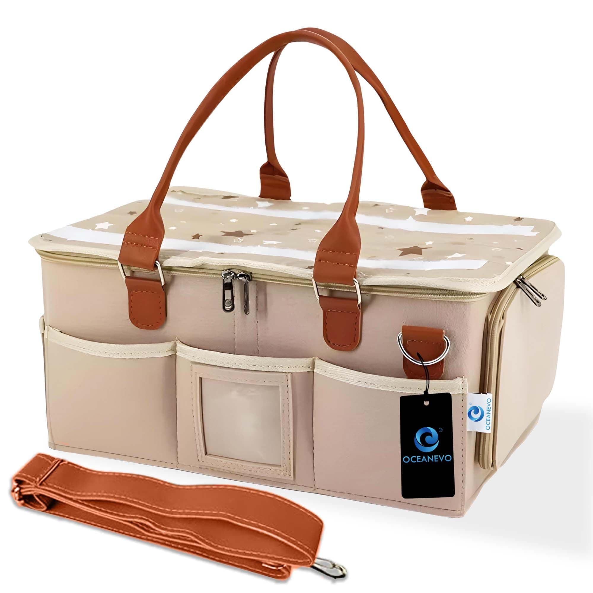 Cute Felt Diaper Caddy Organizer Bag with Lid and Removable Shoulder Strap | Baby Basket Essentials for Newborn Baby Products Storage with Compartments | 40 x 27 x 19 cm | Model 2 – Beige