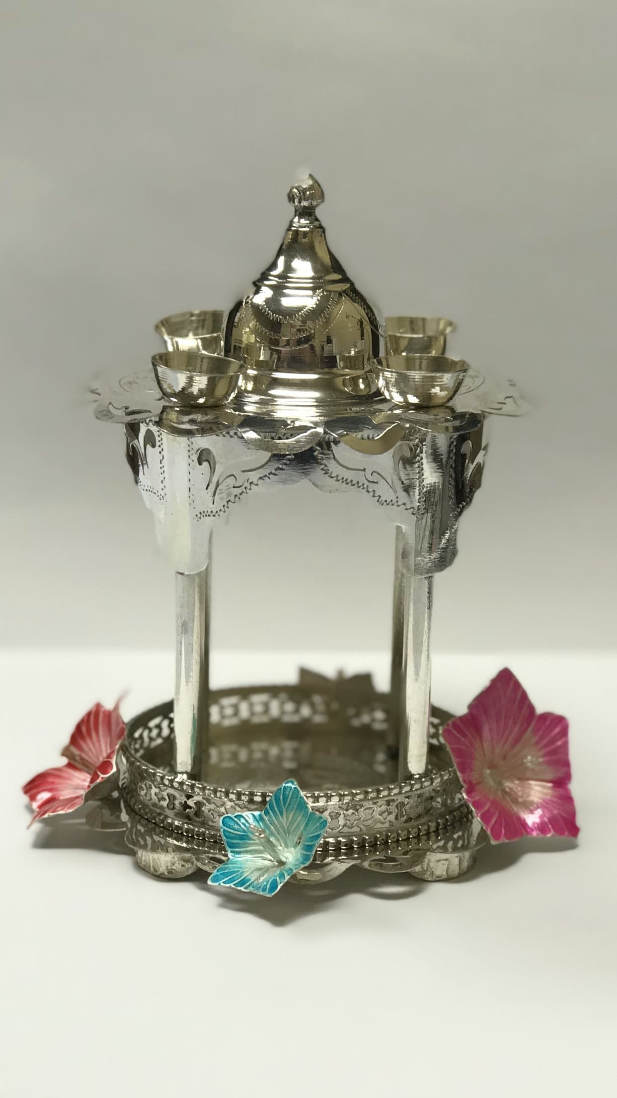 Sharah Designs Silver Puja Mandir/Ghar with Pink & Blue Flowers