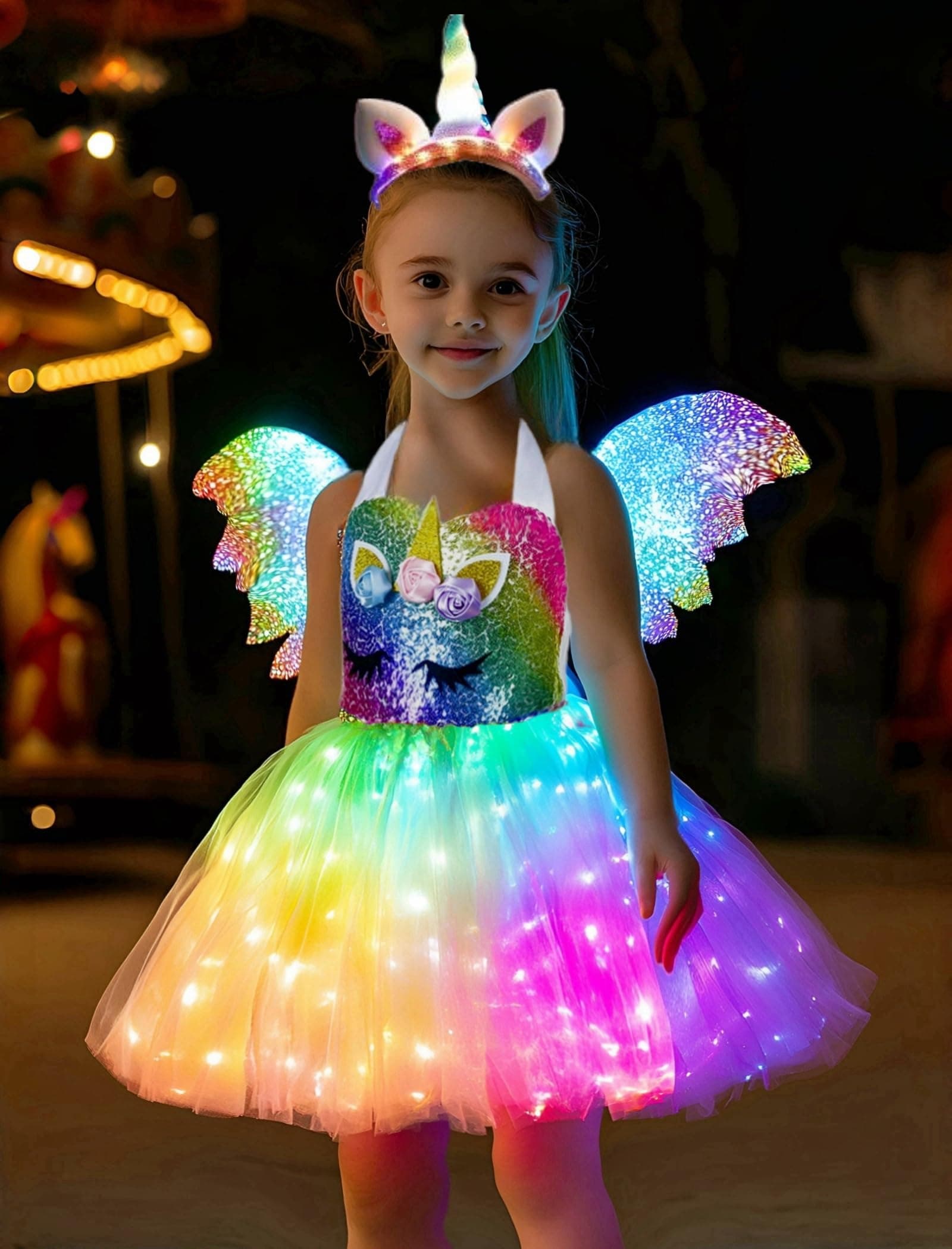 Girls Unicorn Costume, Rainbow Unicorn Dress, LED Light Up Unicorn Tutu with Wing for Halloween Birthday Gift