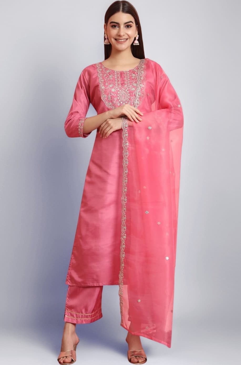 Women's Silk Blend Embroidered Kurta with Pant & Dupatta Set